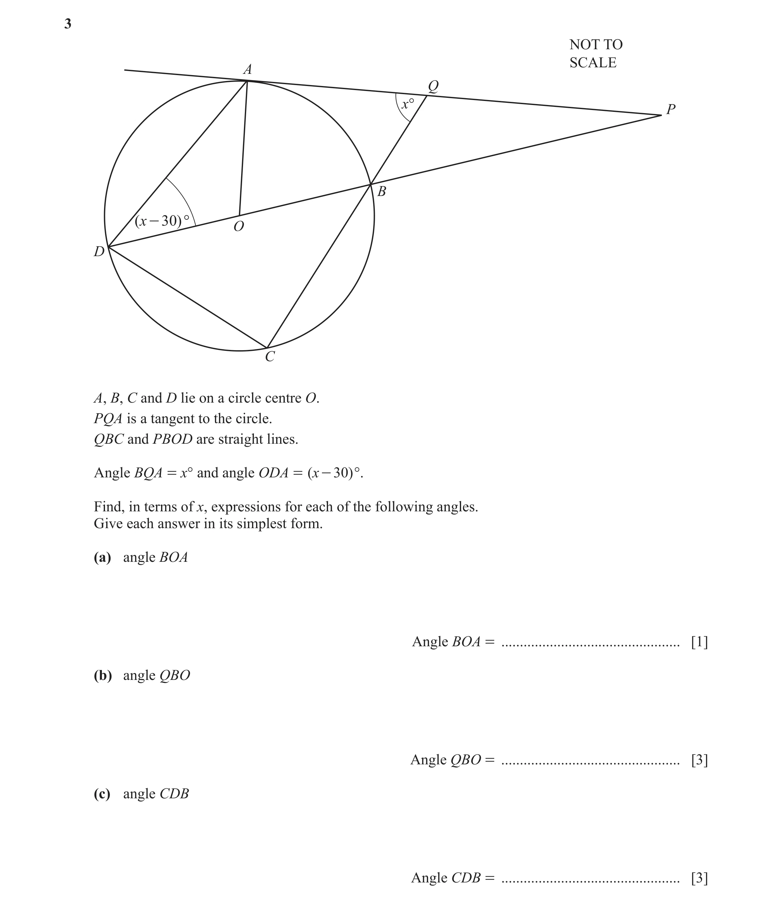 Question 9: NOT TO SCALE A Q x° P B ( x - 30)° O D C A, B, C and D lie on a circle centre O. PQA is a tangent to the circle. QBC and PBOD are straight …