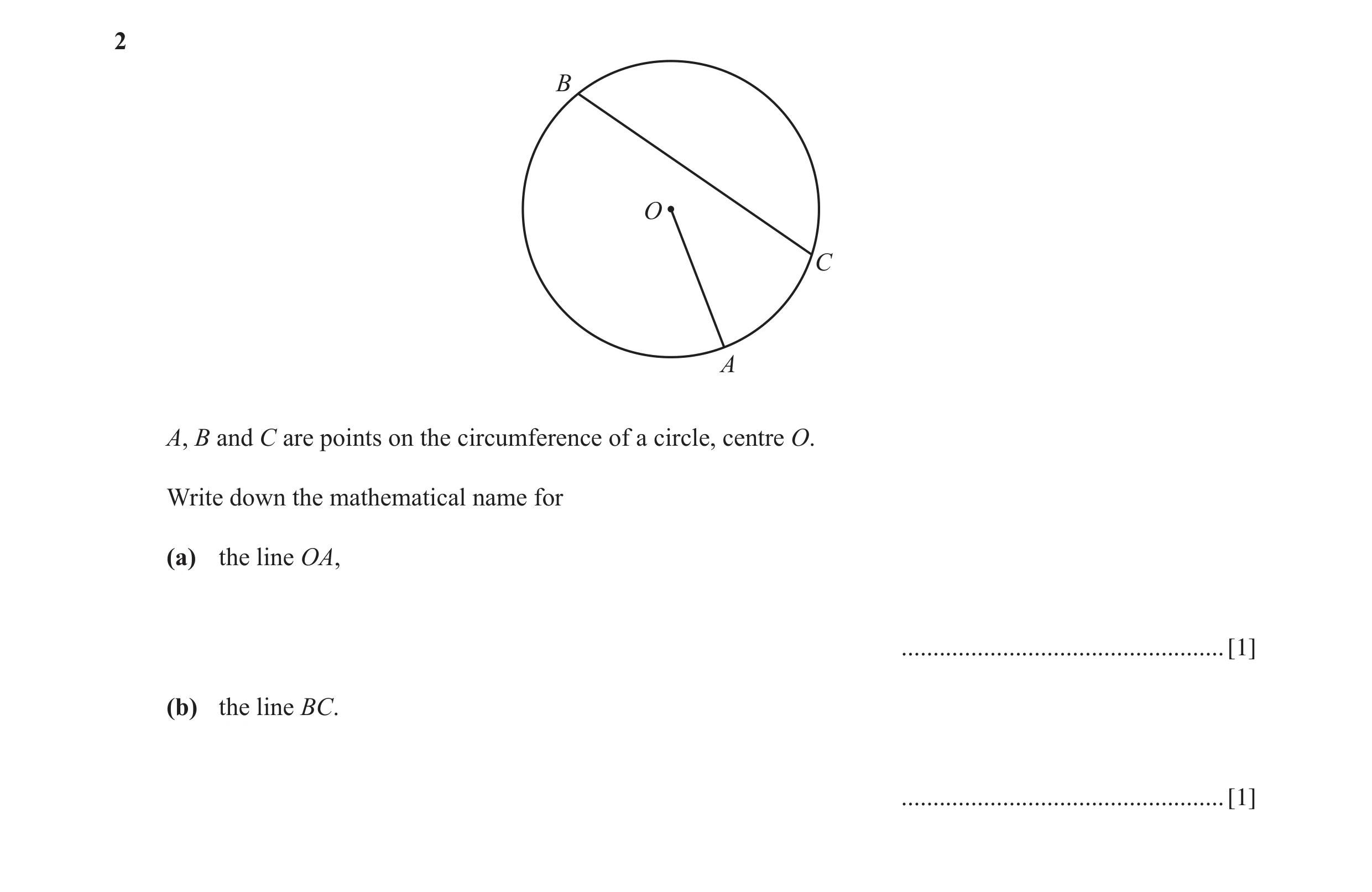 Question 17: B O C A A, B and C are points on the circumference of a circle, centre O. Write down the mathematical name for (a) the line OA, ...........…