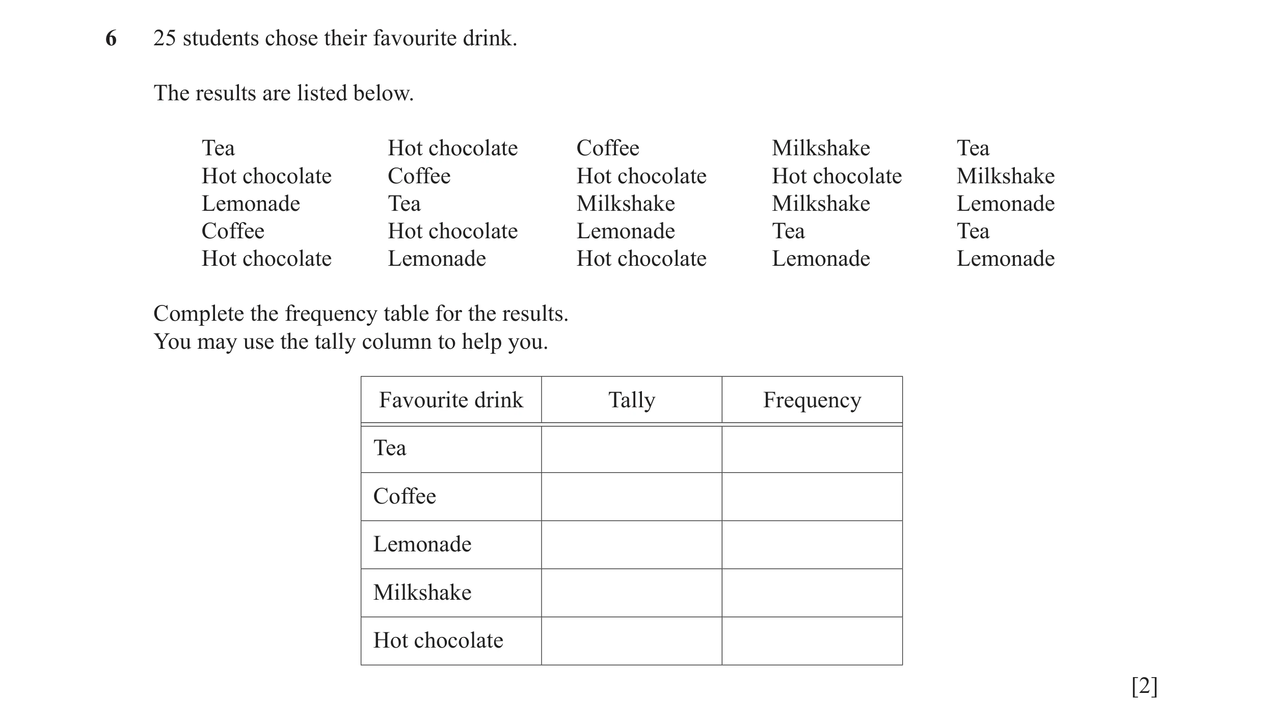 Question 3: 25 students chose their favourite drink. The results are listed below. Tea Hot chocolate Coffee Milkshake Tea Hot chocolate Coffee Hot choc…
