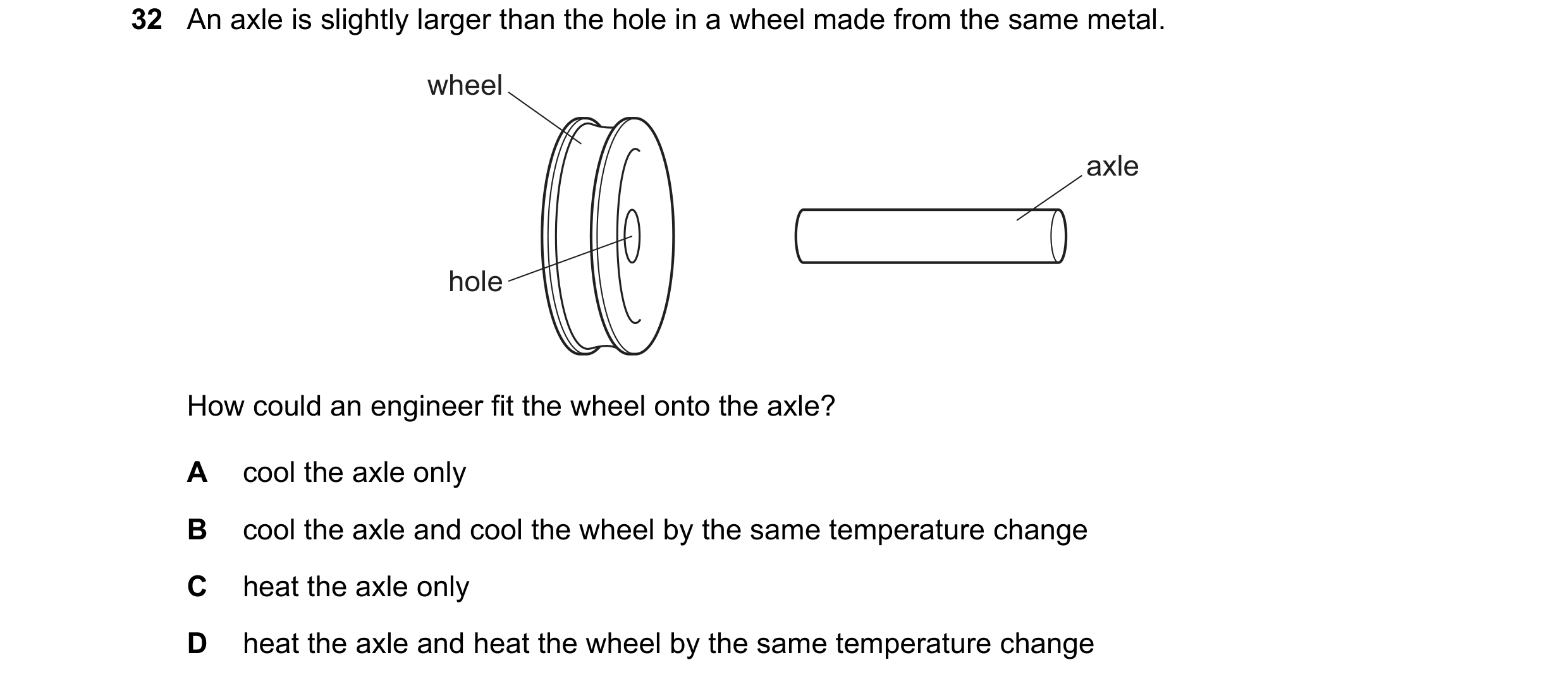 Question 27: An axle is slightly larger than the hole in a wheel made from the same metal. wheel axle hole How could an engineer fit the wheel onto the …