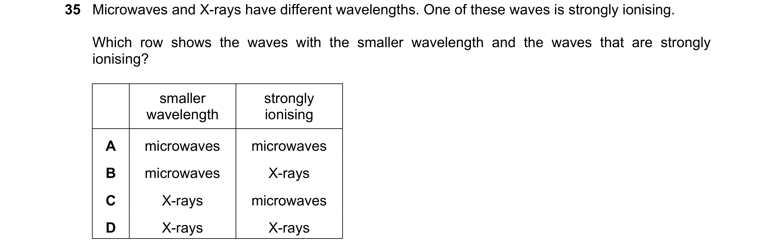 Question 42: Microwaves and X-rays have different wavelengths. One of these waves is strongly ionising. Which row shows the waves with the smaller wavel…
