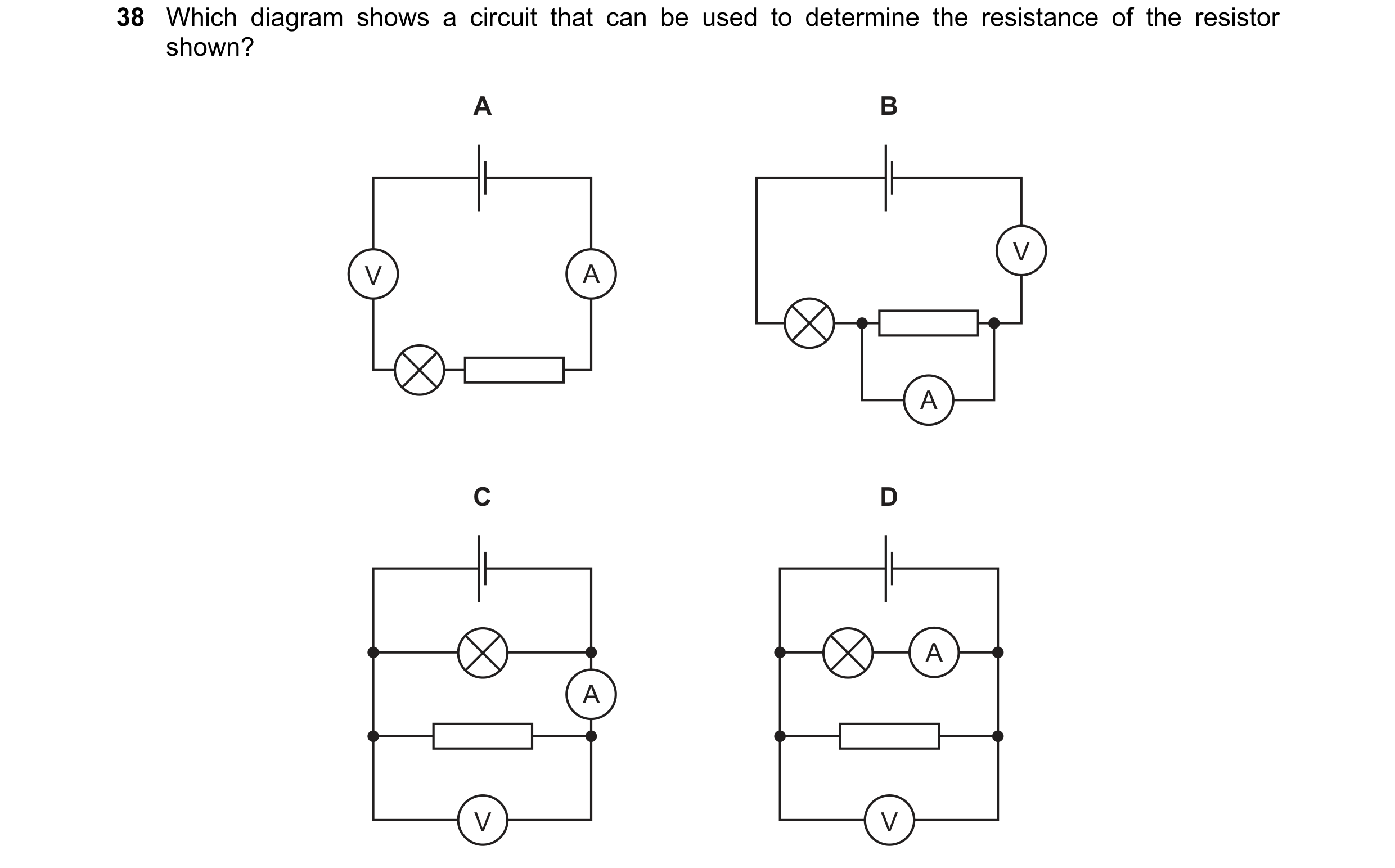 Question 67: Which diagram shows a circuit that can be used to determine the resistance of the resistor shown? A B V V A A C D A A V V