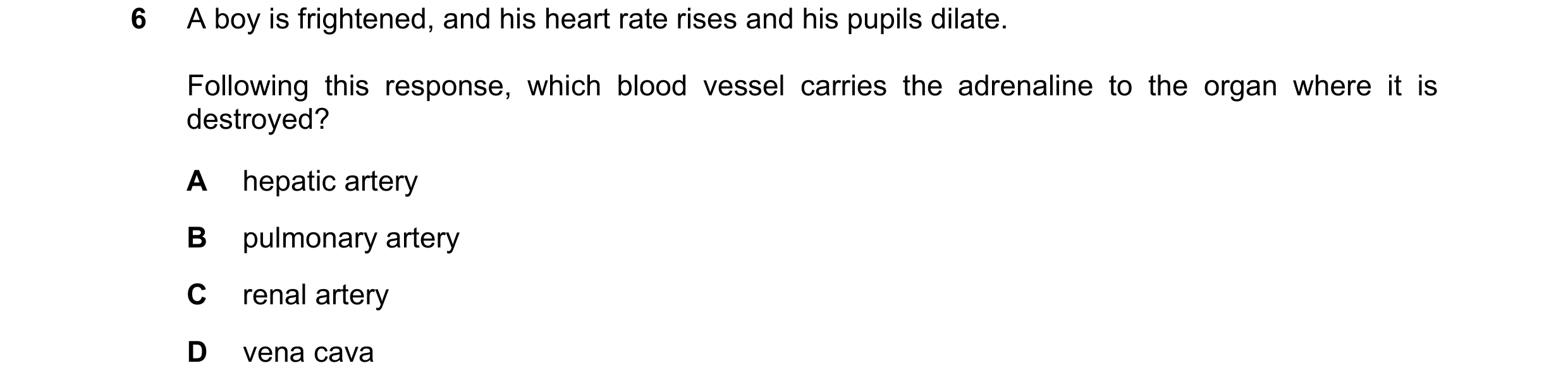 Question 20: A boy is frightened, and his heart rate rises and his pupils dilate. Following this response, which blood vessel carries the adrenaline to …
