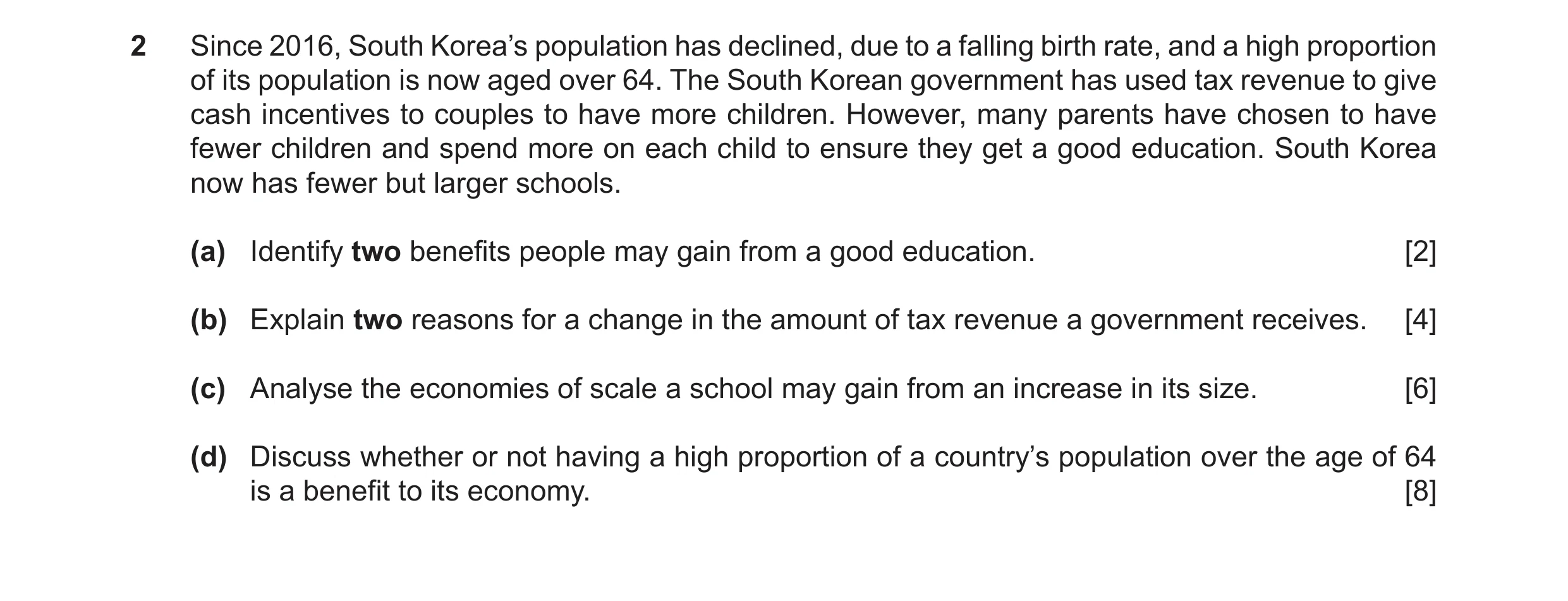 Question 68: Since 2016, South Korea’s population has declined, due to a falling birth rate, and a high proportion of its population is now aged over 64…