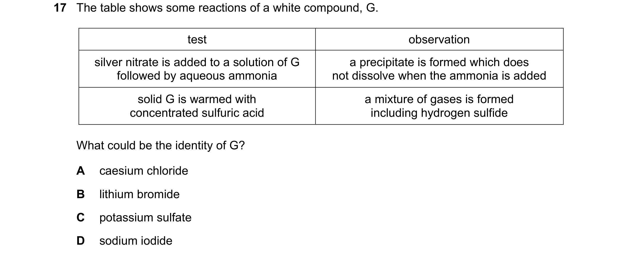 Question 46: The table shows some reactions of a white compound, G. test observation silver nitrate is added to a solution of G a precipitate is formed …