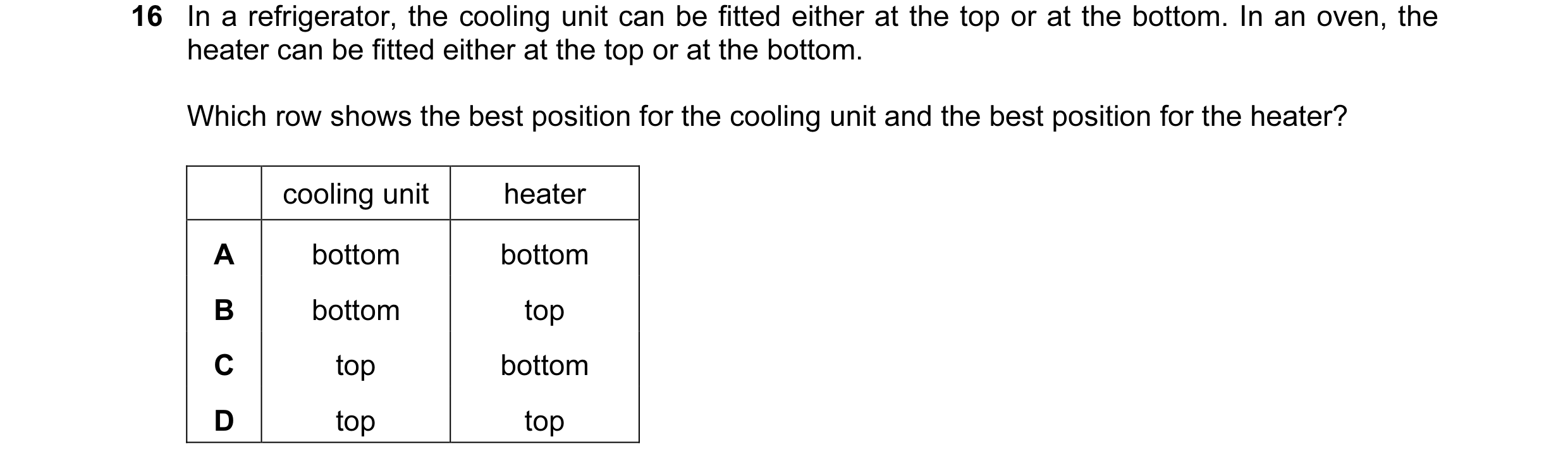 Question 80: In a refrigerator, the cooling unit can be fitted either at the top or at the bottom. In an oven, the heater can be fitted either at the to…