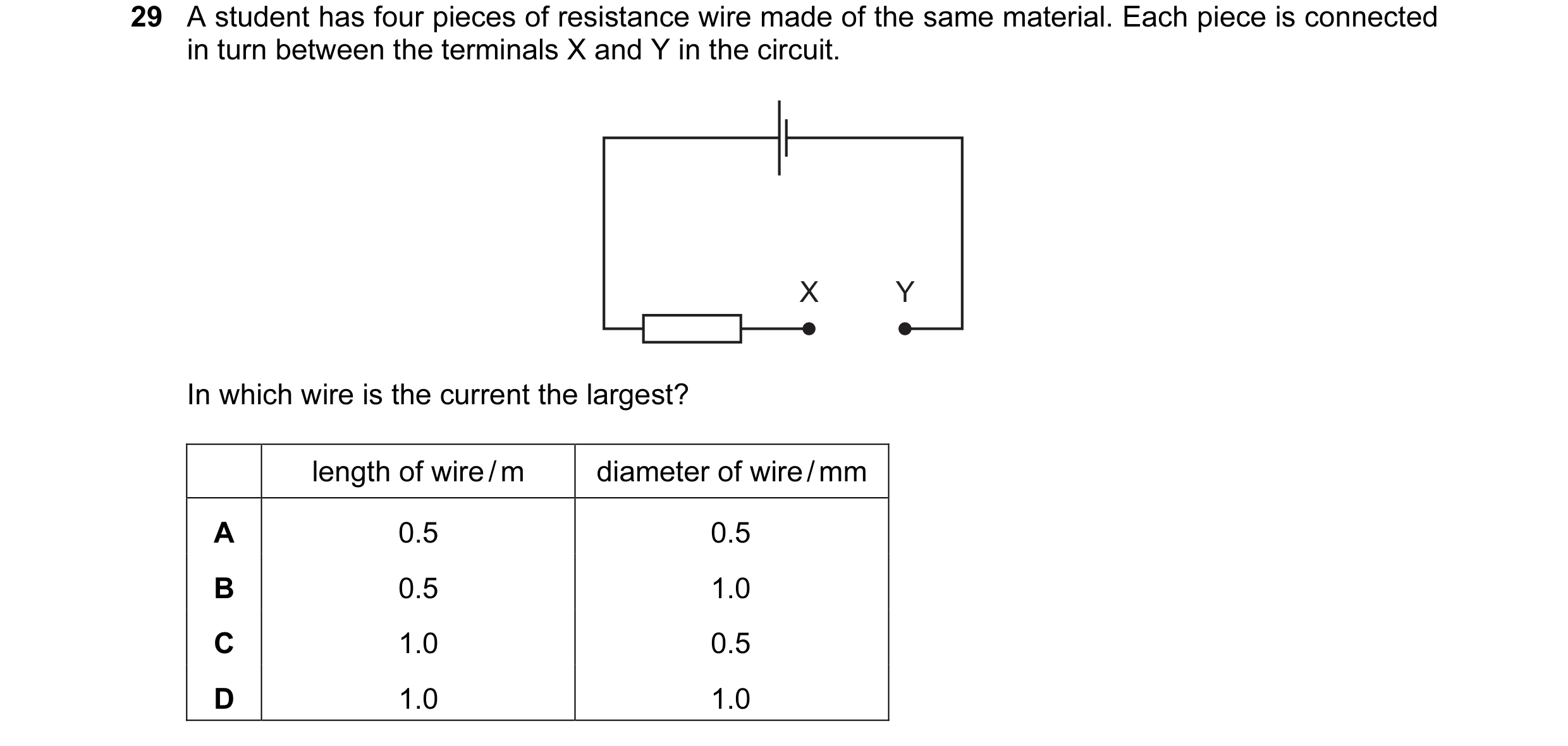 Question 181: A student has four pieces of resistance wire made of the same material. Each piece is connected in turn between the terminals X and Y in th…