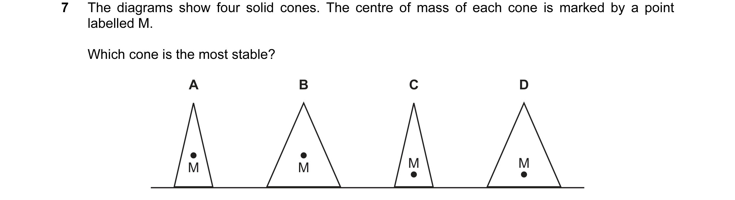 Question 119: The diagrams show four solid cones. The centre of mass of each cone is marked by a point labelled M. Which cone is the most stable? A B C D…