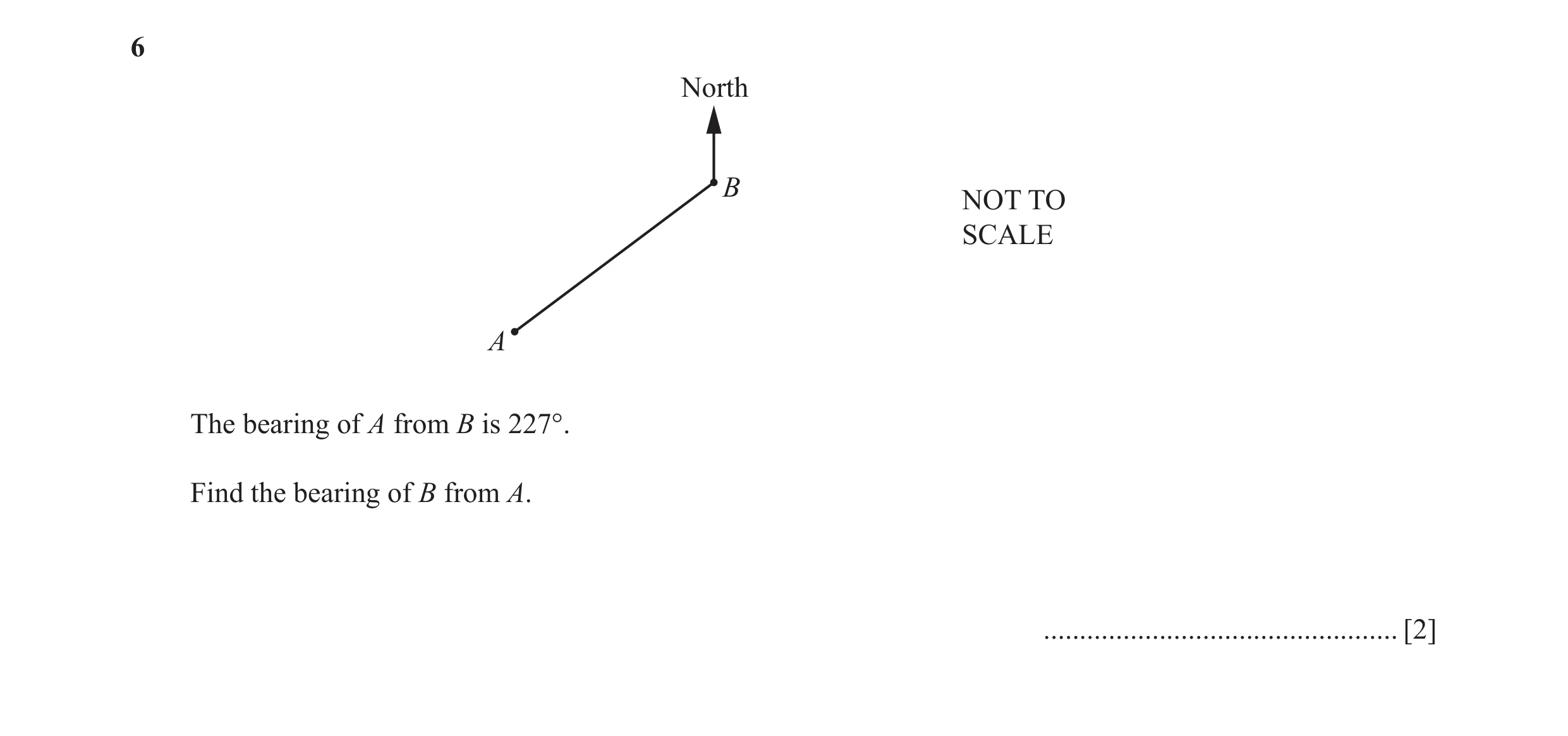 Question 54: North B NOT TO SCALE A The bearing of A from B is 227°. Find the bearing of B from A. ................................................. [2]