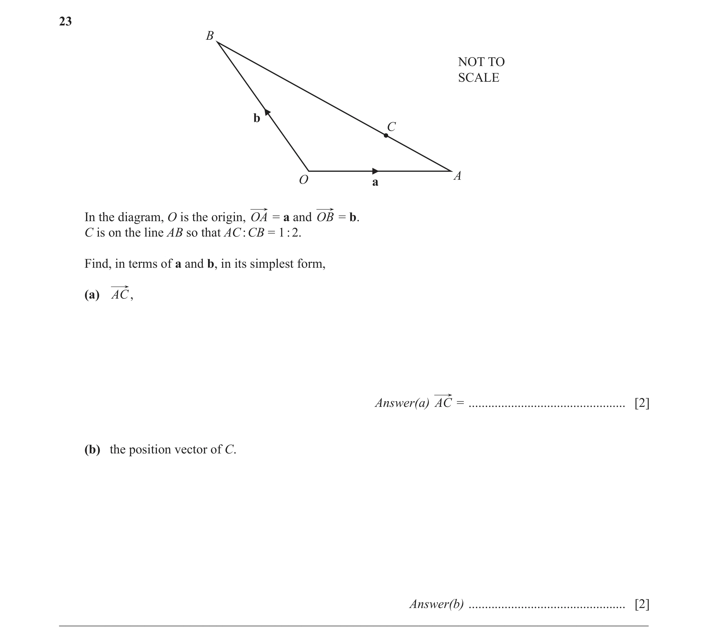 Question 29: B NOT TO SCALE b C A O a In the diagram, O is the origin, OA = a and OB = b. C is on the line AB so that AC : CB = 1 : 2. Find, in terms of…