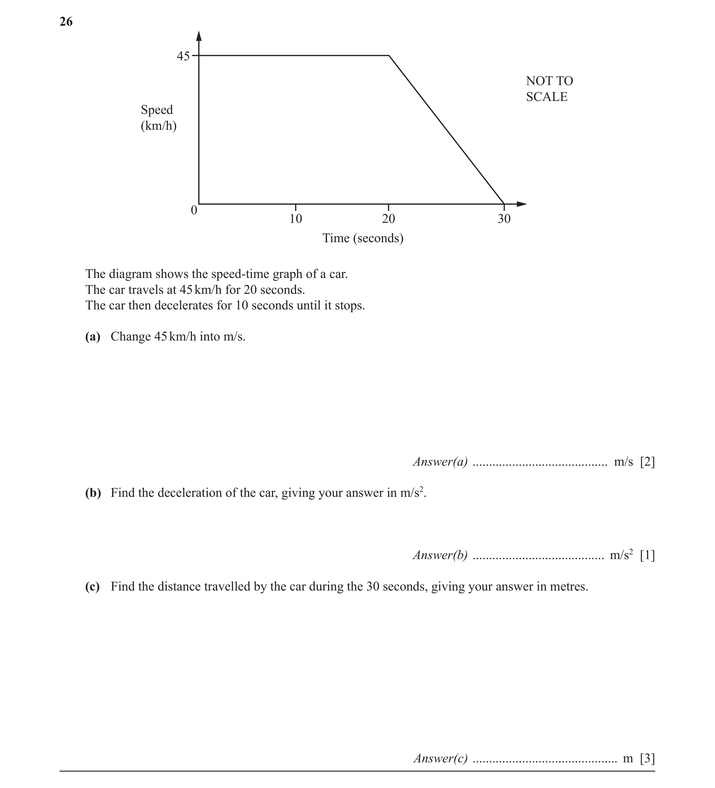 Question 43: 45 NOT TO SCALE Speed (km/h) 0 10 20 30 Time (seconds) The diagram shows the speed-time graph of a car. The car travels at 45 km/h for 20 s…