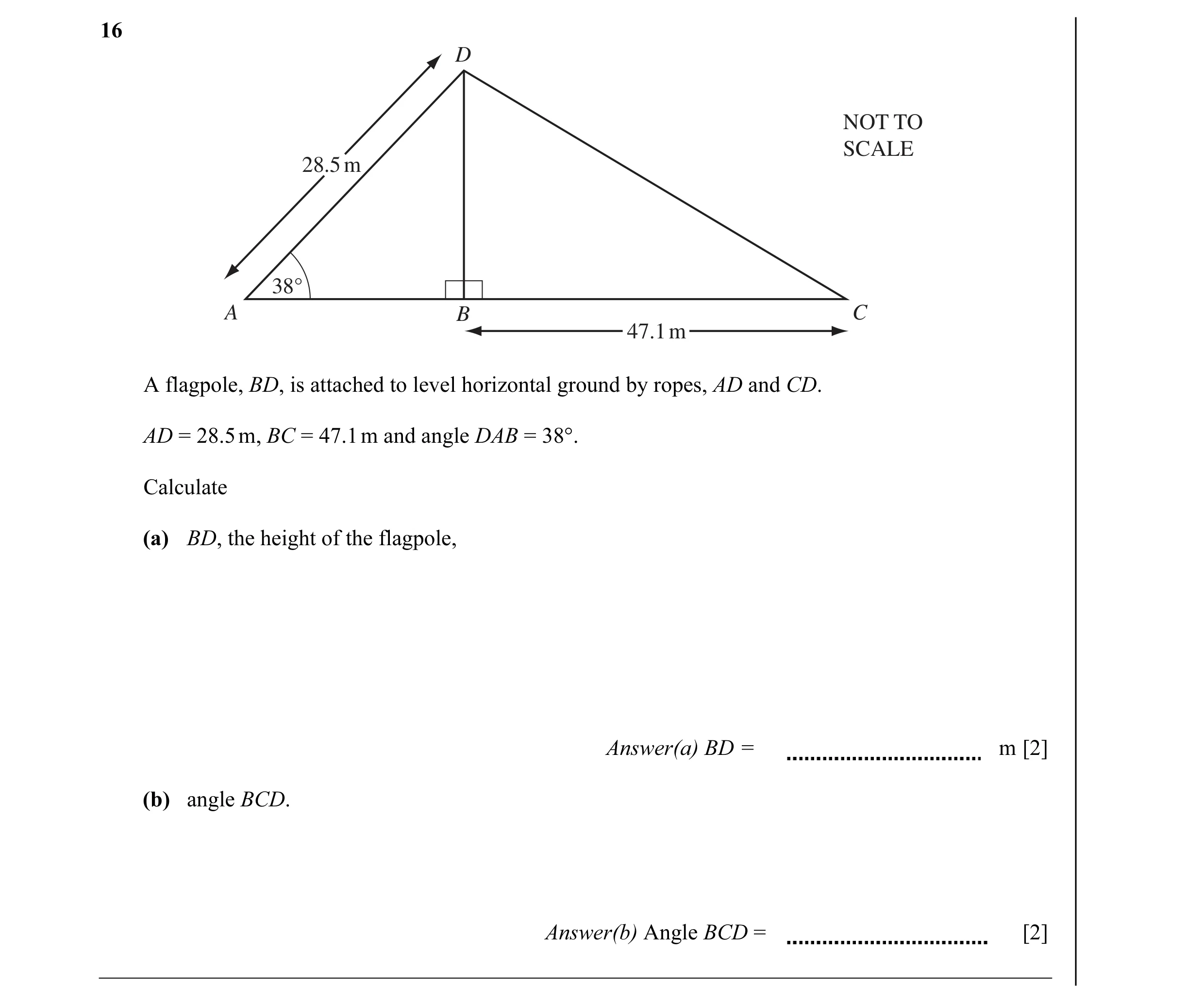 Question 10: D NOT TO SCALE 28.5 m 38° A B C 47.1 m A flagpole, BD, is attached to level horizontal ground by ropes, AD and CD. AD = 28.5 m, BC = 47.1 m…