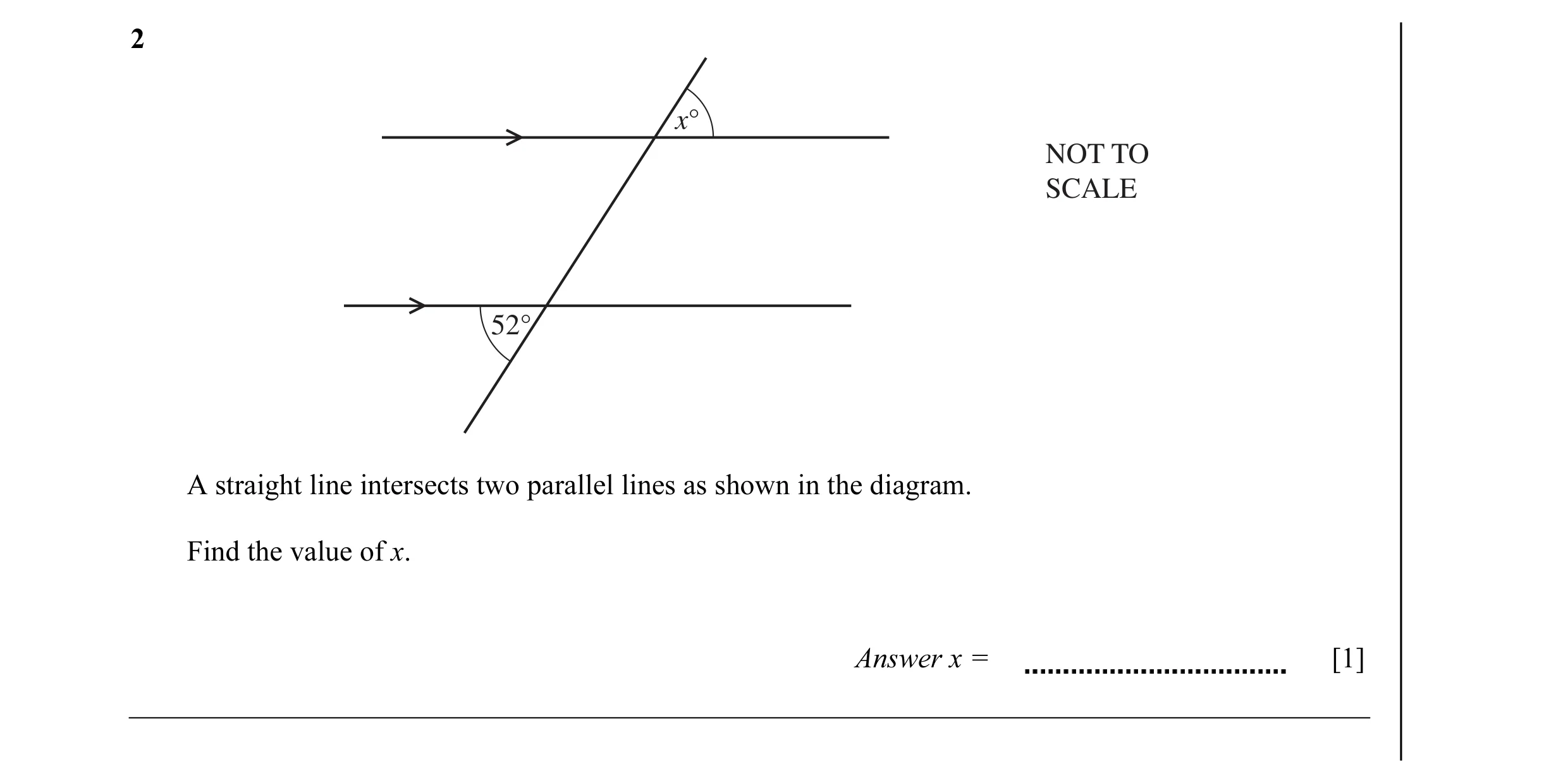 Question 20: x° NOT TO SCALE 52° A straight line intersects two parallel lines as shown in the diagram. Find the value of x. Answer x = [1]