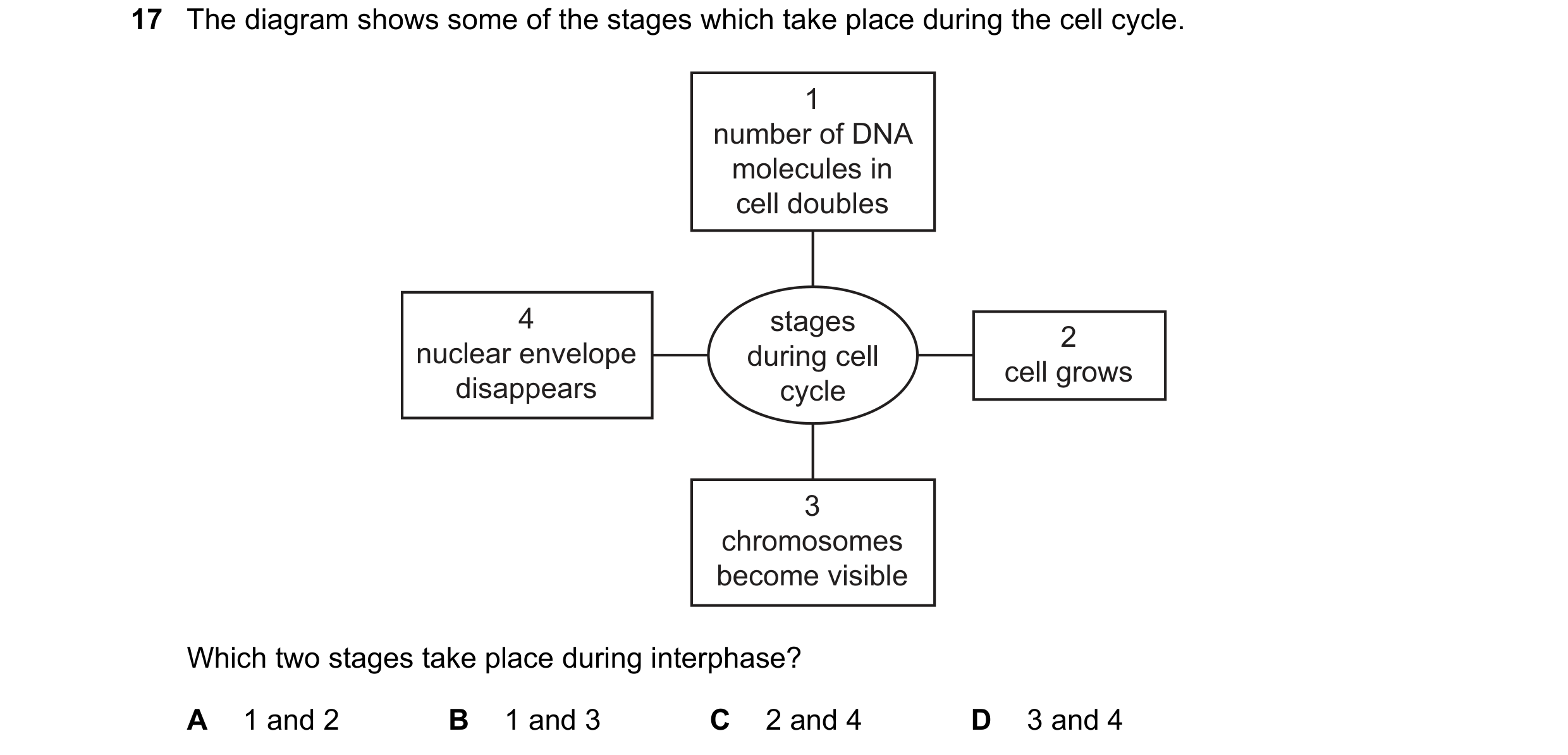 Question 108: The diagram shows some of the stages which take place during the cell cycle. 1 number of DNA molecules in cell doubles 4 stages 2 nuclear e…