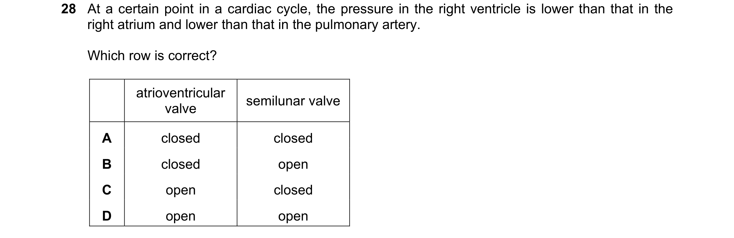 Question 85: At a certain point in a cardiac cycle, the pressure in the right ventricle is lower than that in the right atrium and lower than that in th…