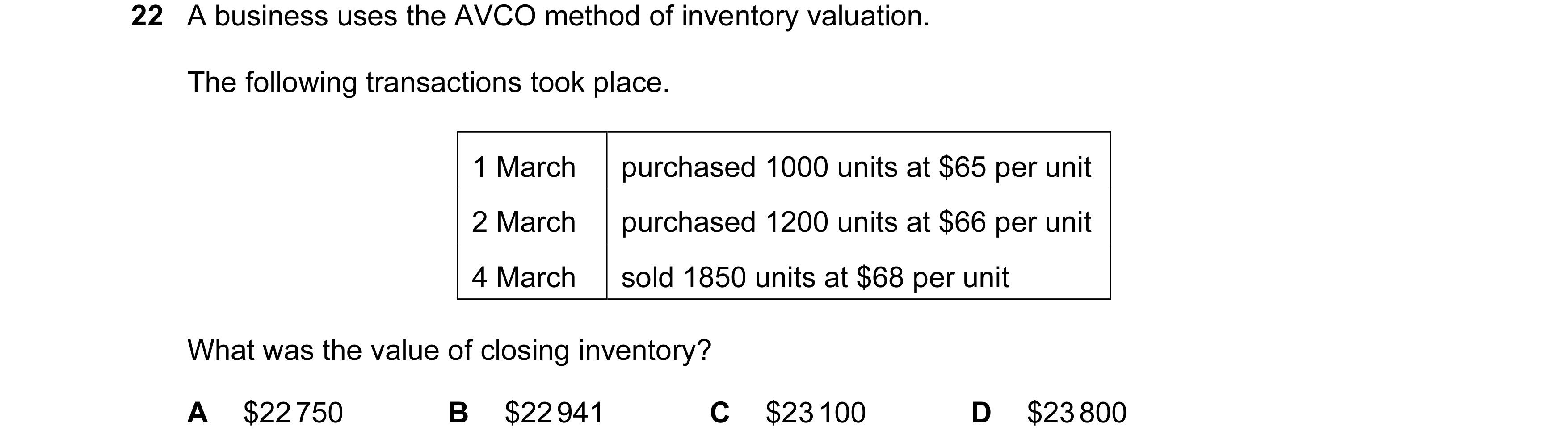 Question 510: A business uses the AVCO method of inventory valuation. The following transactions took place. 1 March purchased 1000 units at $65 per unit…