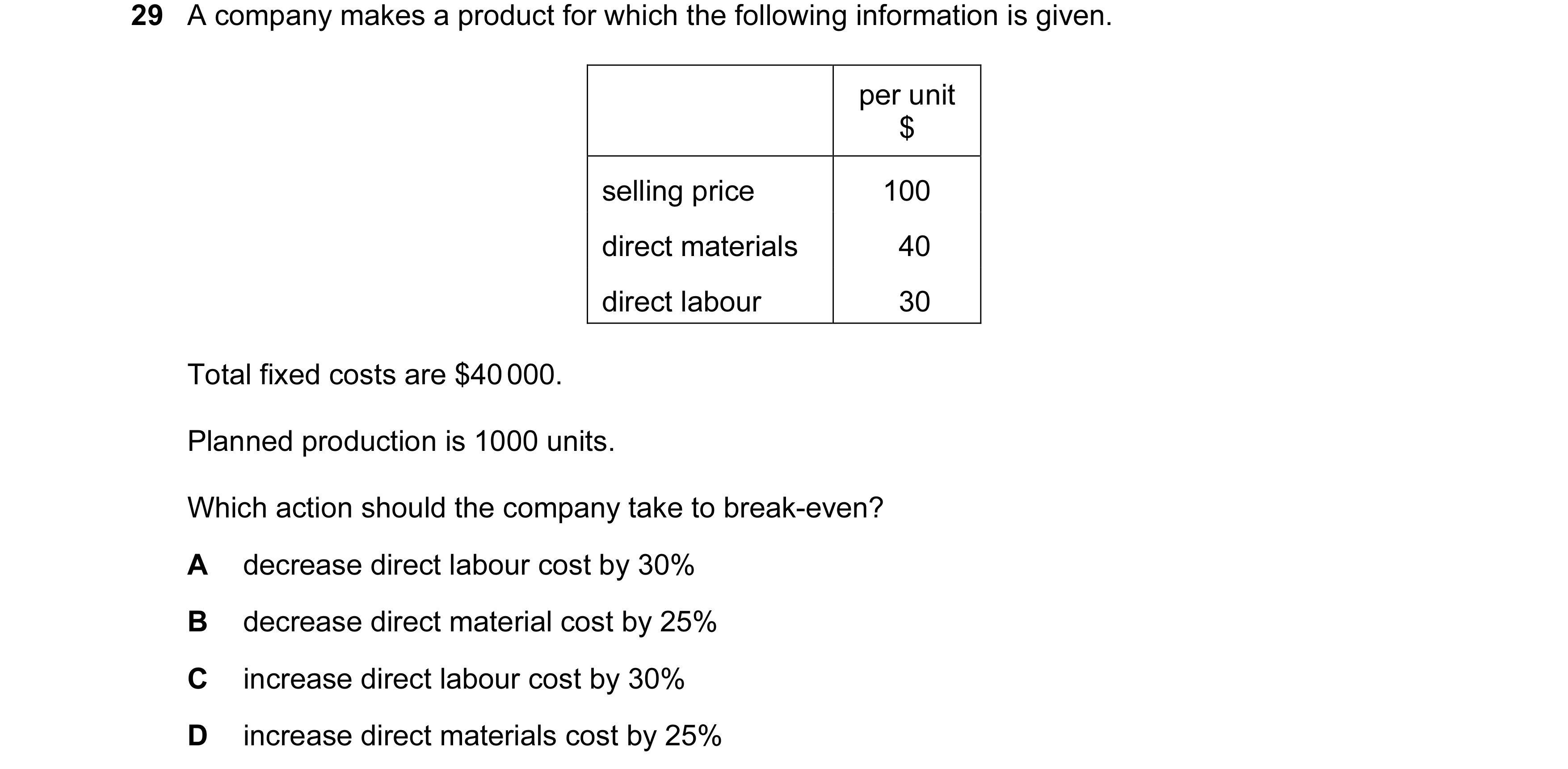 Question 250: A company makes a product for which the following information is given. per unit $ selling price 100 direct materials 40 direct labour 30 T…