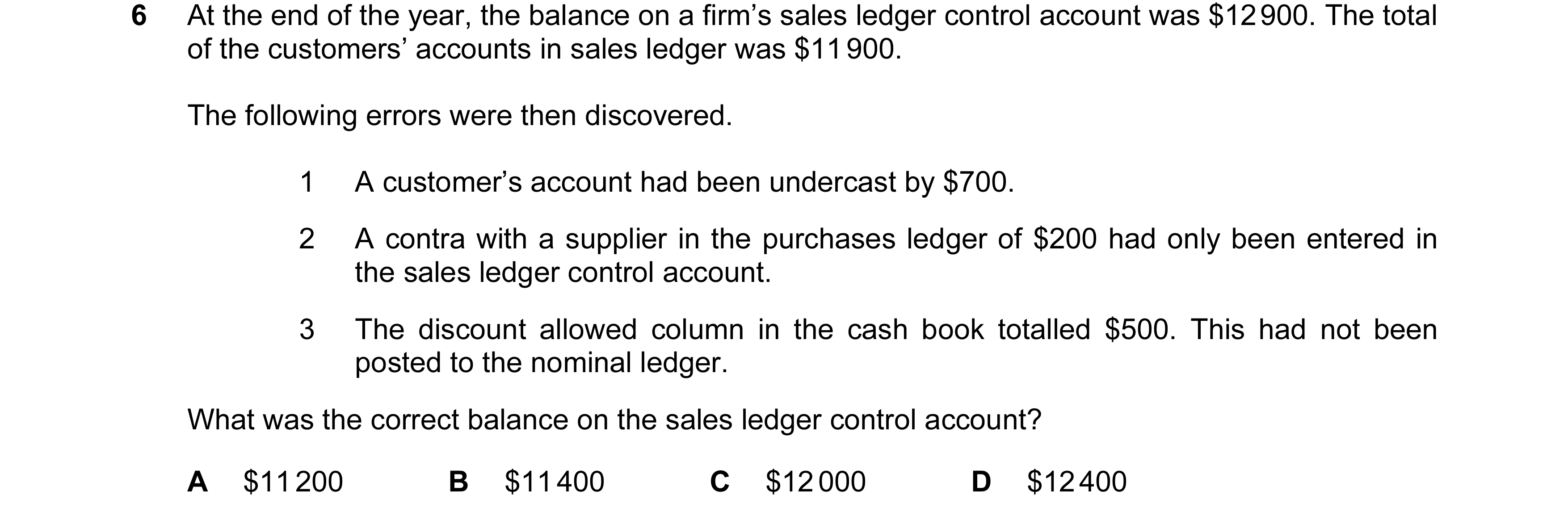Question 182: At the end of the year, the balance on a firm’s sales ledger control account was $12 900. The total of the customers’ accounts in sales led…