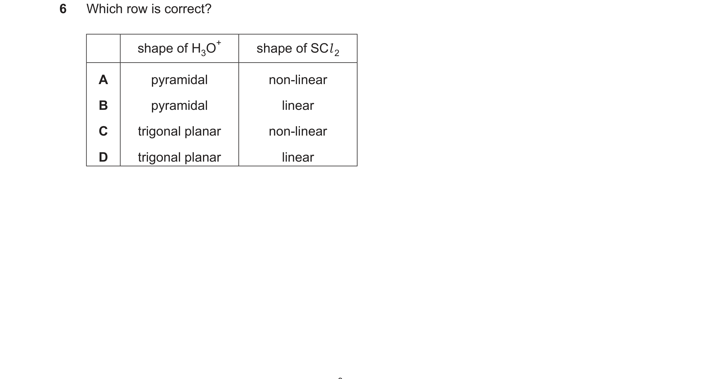 Question 24: Which row is correct? shape of H3O+ shape of SCl 2 A pyramidal non-linear B pyramidal linear C trigonal planar non-linear D trigonal planar…