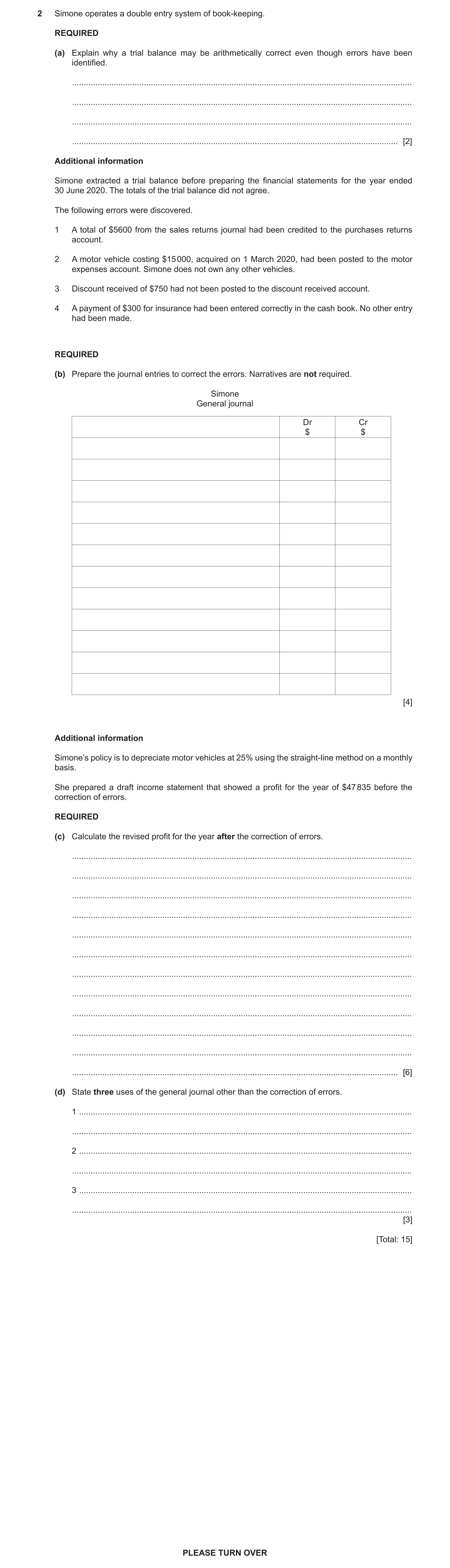 Question 26: Simone operates a double entry system of book-keeping. REQUIRED (a) Explain why a trial balance may be arithmetically correct even though e…