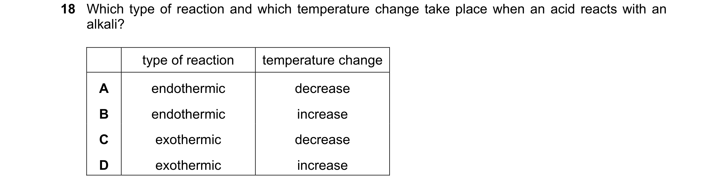 Question 45: Which type of reaction and which temperature change take place when an acid reacts with an alkali? type of reaction temperature change A en…