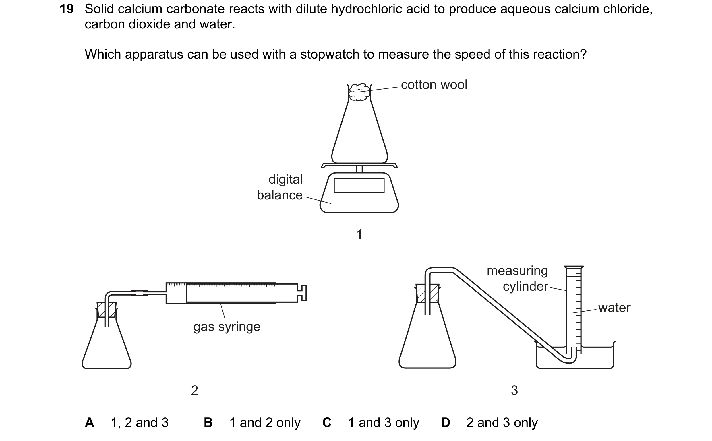 Question 31: Solid calcium carbonate reacts with dilute hydrochloric acid to produce aqueous calcium chloride, carbon dioxide and water. Which apparatus…