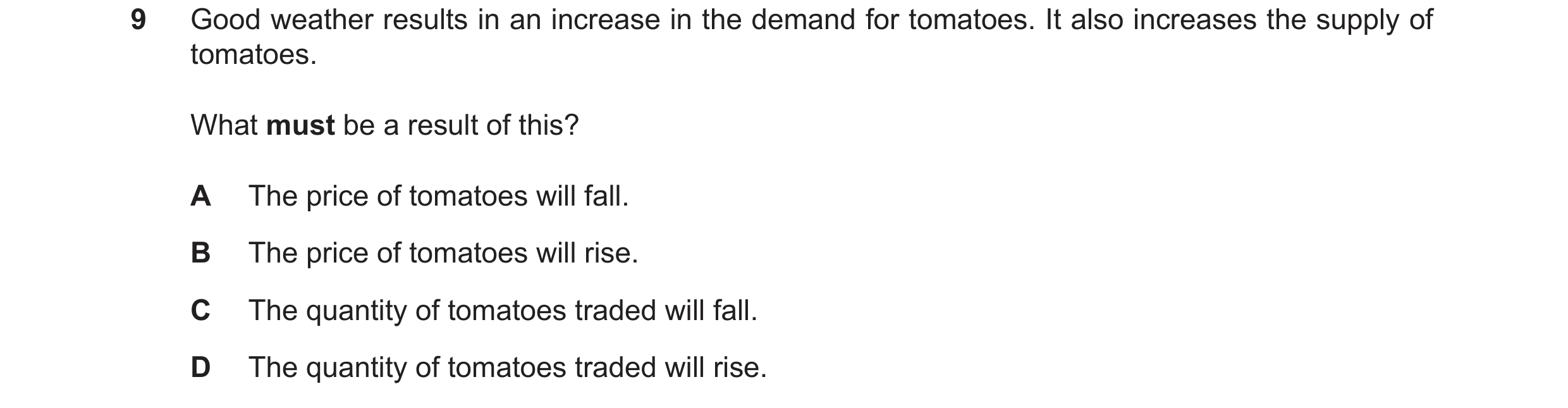 Question 11: Good weather results in an increase in the demand for tomatoes. It also increases the supply of tomatoes. What must be a result of this? A …