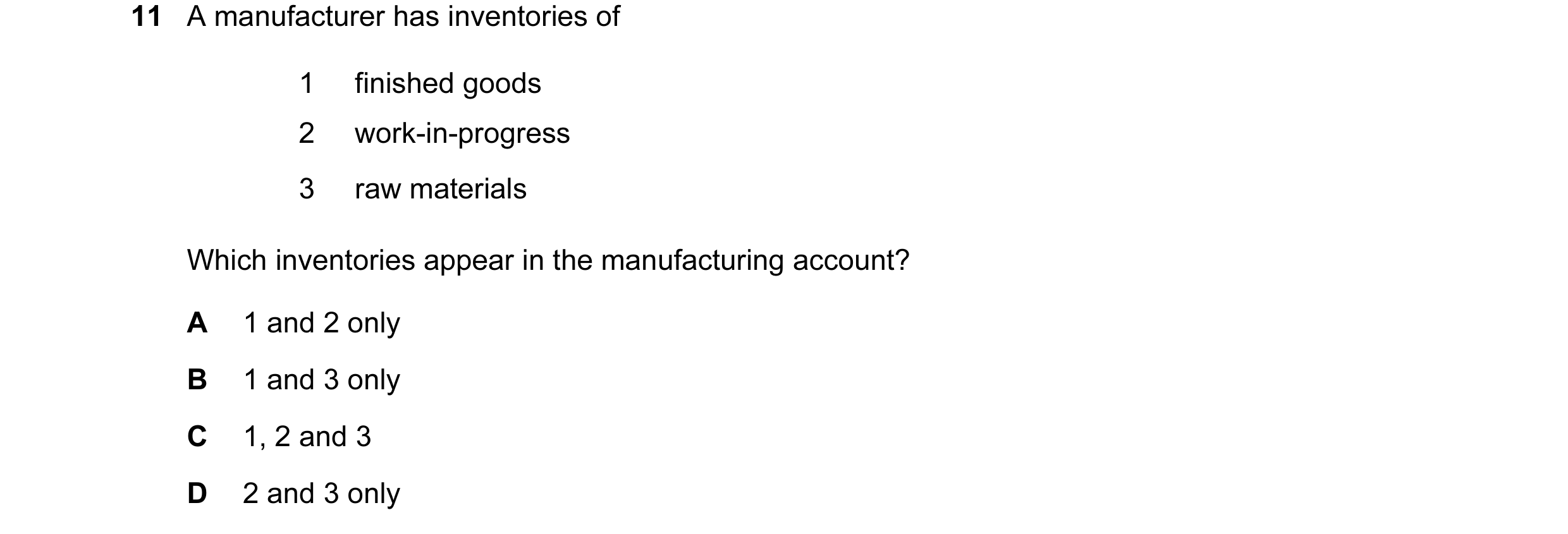 Question 242: A manufacturer has inventories of 1 finished goods 2 work-in-progress 3 raw materials Which inventories appear in the manufacturing account…