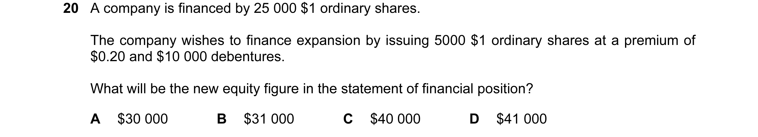 Question 249: A company is financed by 25 000 $1 ordinary shares. The company wishes to finance expansion by issuing 5000 $1 ordinary shares at a premium…