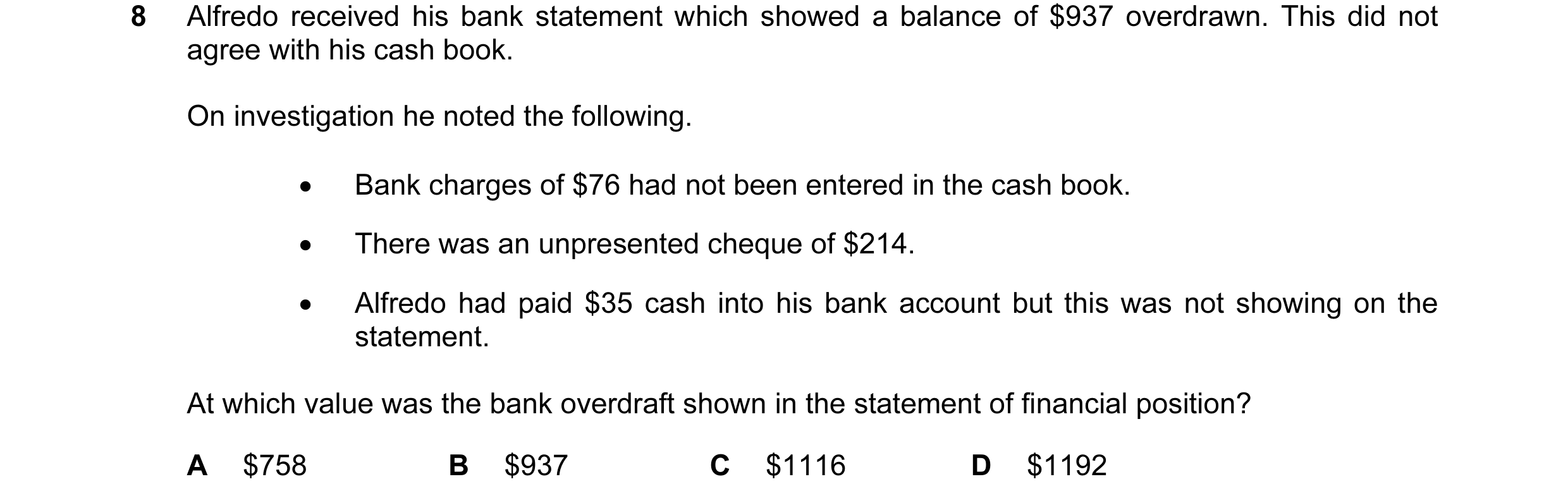 Question 73: Alfredo received his bank statement which showed a balance of $937 overdrawn. This did not agree with his cash book. On investigation he no…