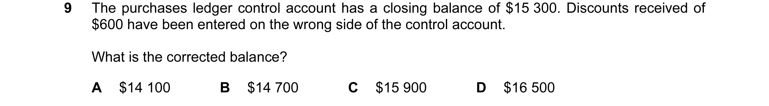 Question 74: The purchases ledger control account has a closing balance of $15 300. Discounts received of $600 have been entered on the wrong side of th…