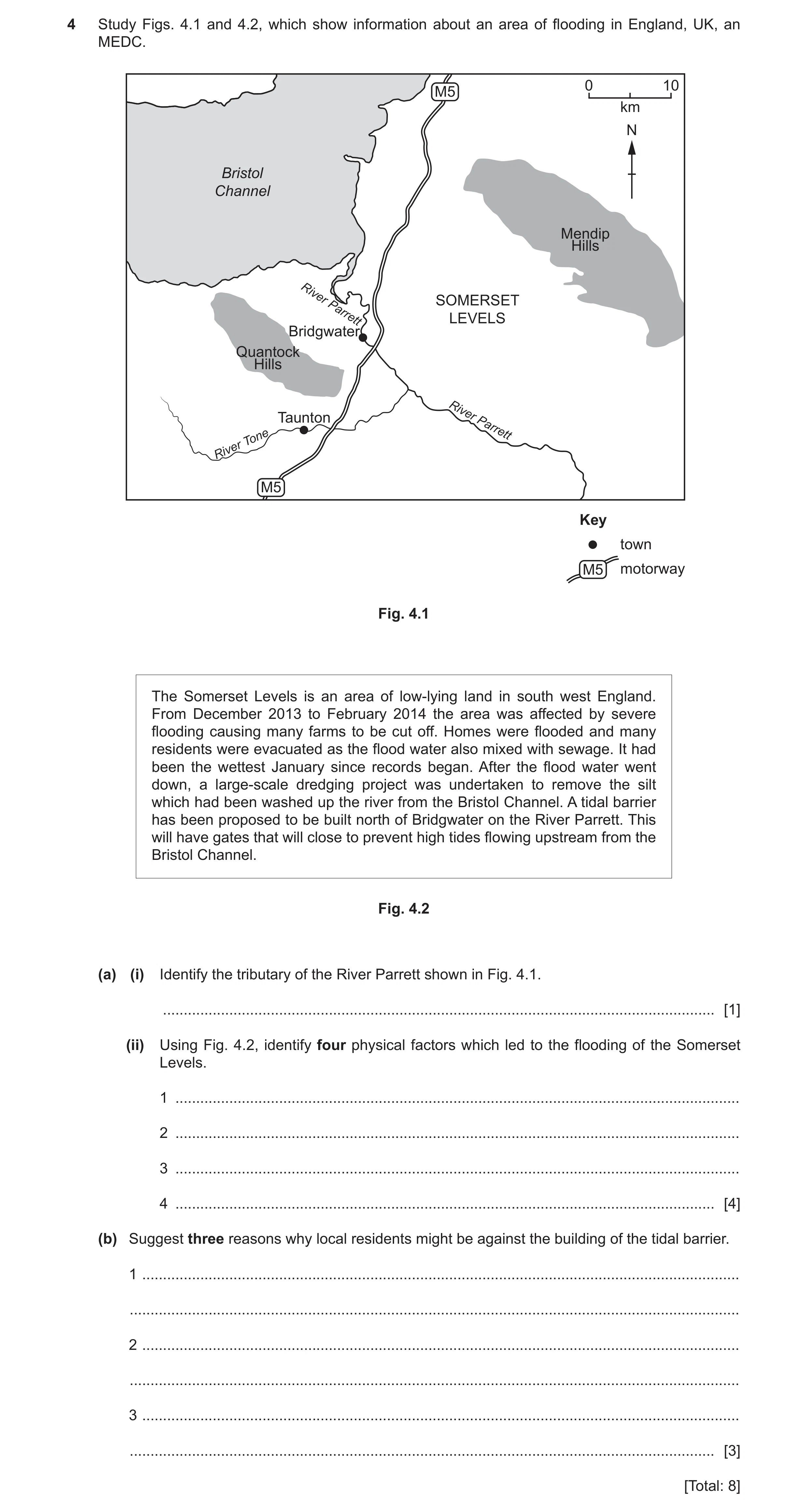 Question 47: Study Figs. 4.1 and 4.2, which show information about an area of flooding in England, UK, an MEDC. 0 10 M5 km N Bristol Channel Mendip Hill…