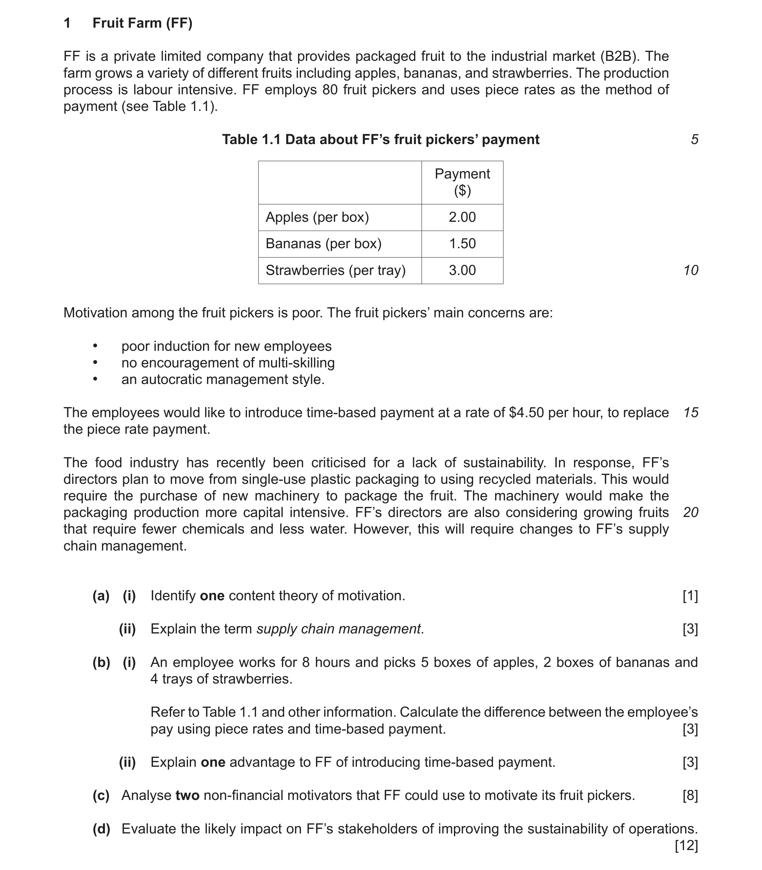 Question 5: Fruit Farm (FF) FF is a private limited company that provides packaged fruit to the industrial market (B2B). The farm grows a variety of di…