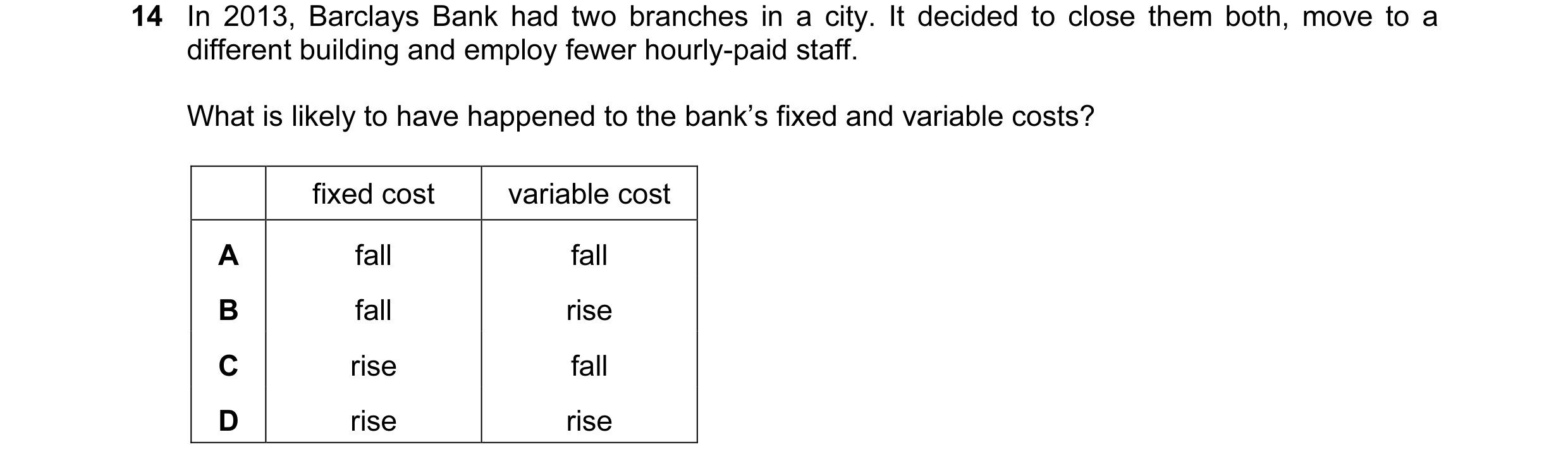 Question 114: In 2013, Barclays Bank had two branches in a city. It decided to close them both, move to a different building and employ fewer hourly-paid…