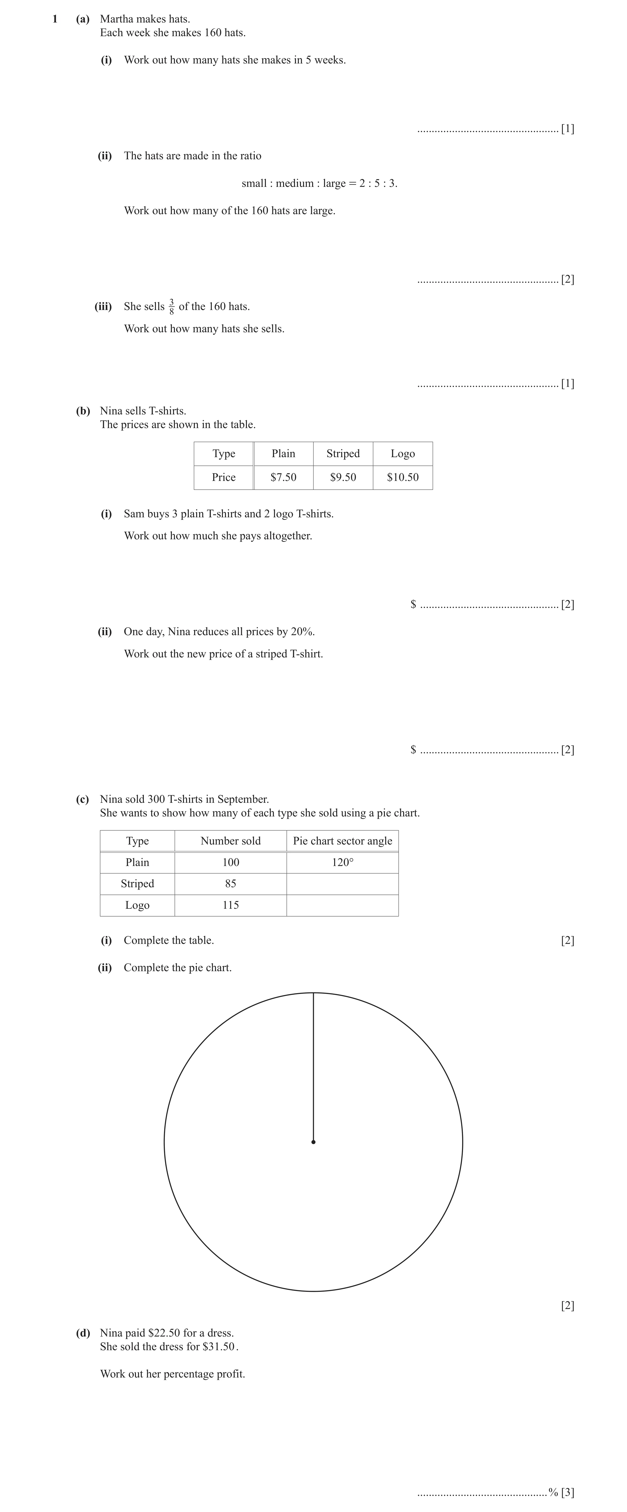 Question 41: (a) Martha makes hats. Each week she makes 160 hats. (i) Work out how many hats she makes in 5 weeks. .....................................…
