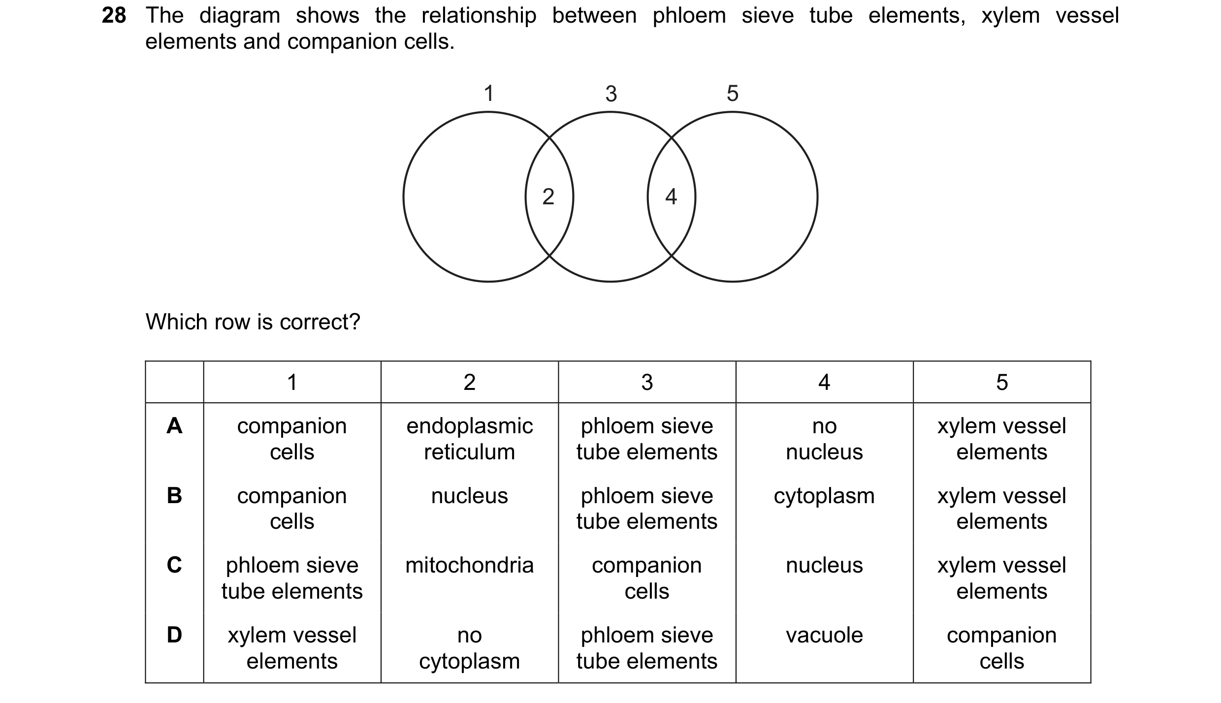 Question 66: The diagram shows the relationship between phloem sieve tube elements, xylem vessel elements and companion cells. 1 3 5 2 4 Which row is co…