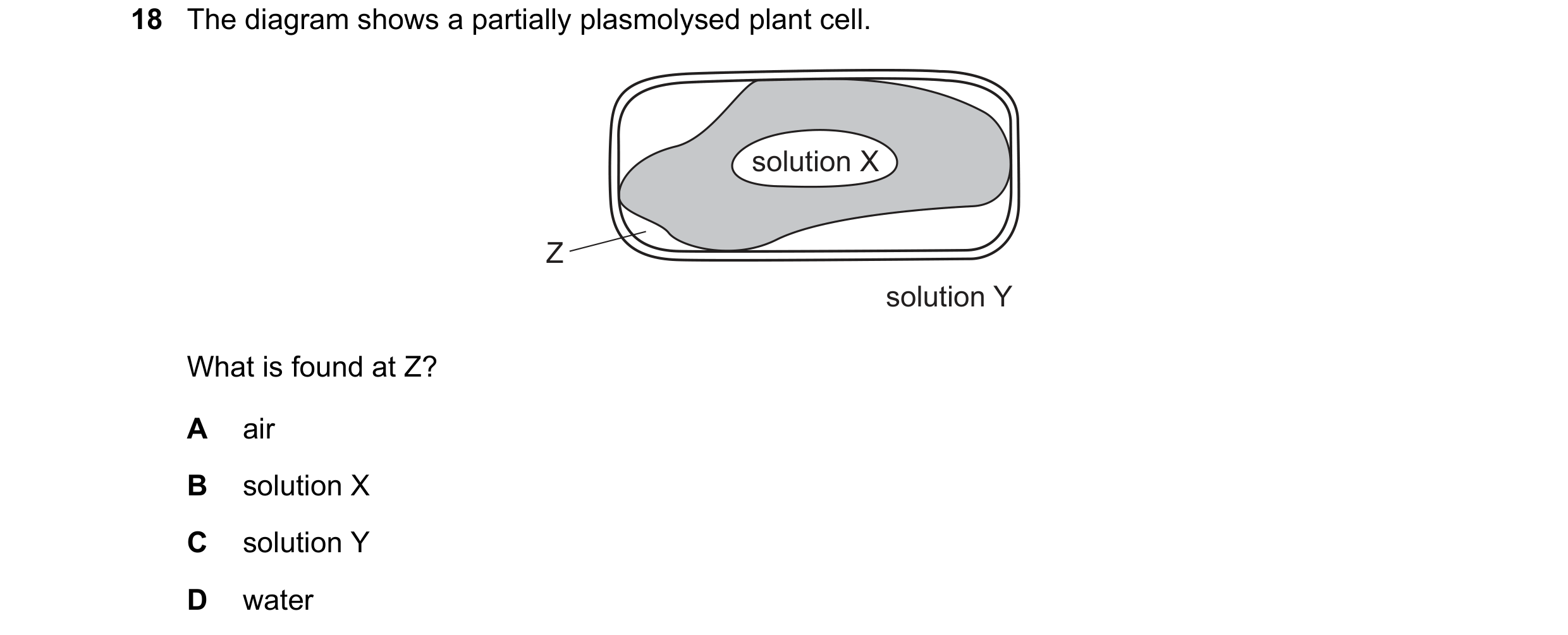 Question 138: The diagram shows a partially plasmolysed plant cell. solution X Z solution Y What is found at Z? A air B solution X C solution Y D water