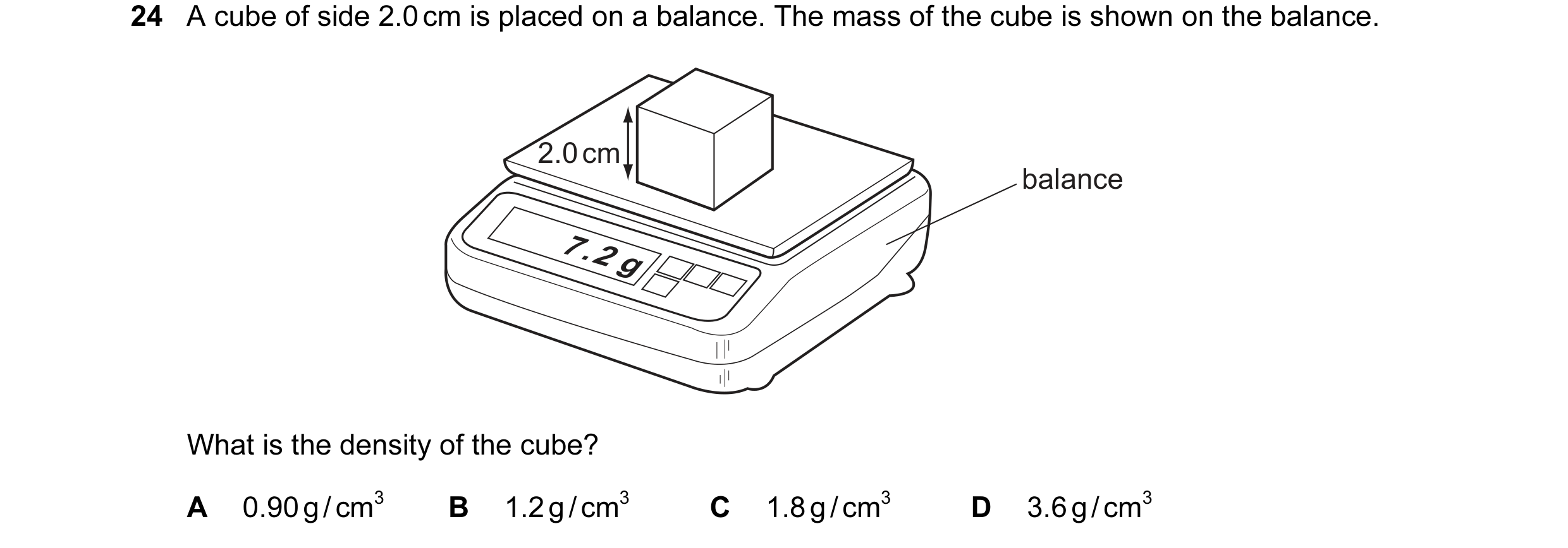 Question 16: A cube of side 2.0 cm is placed on a balance. The mass of the cube is shown on the balance. 2.0 cm balance 7.2 g What is the density of the…