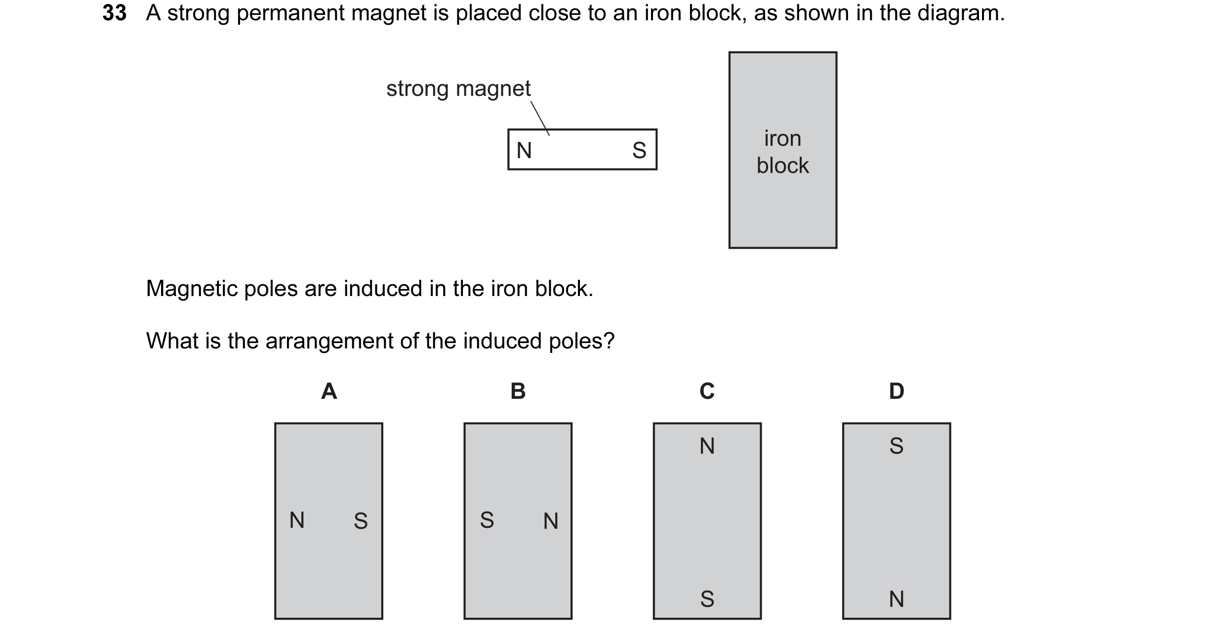 Question 22: A strong permanent magnet is placed close to an iron block, as shown in the diagram. strong magnet iron N S block Magnetic poles are induce…