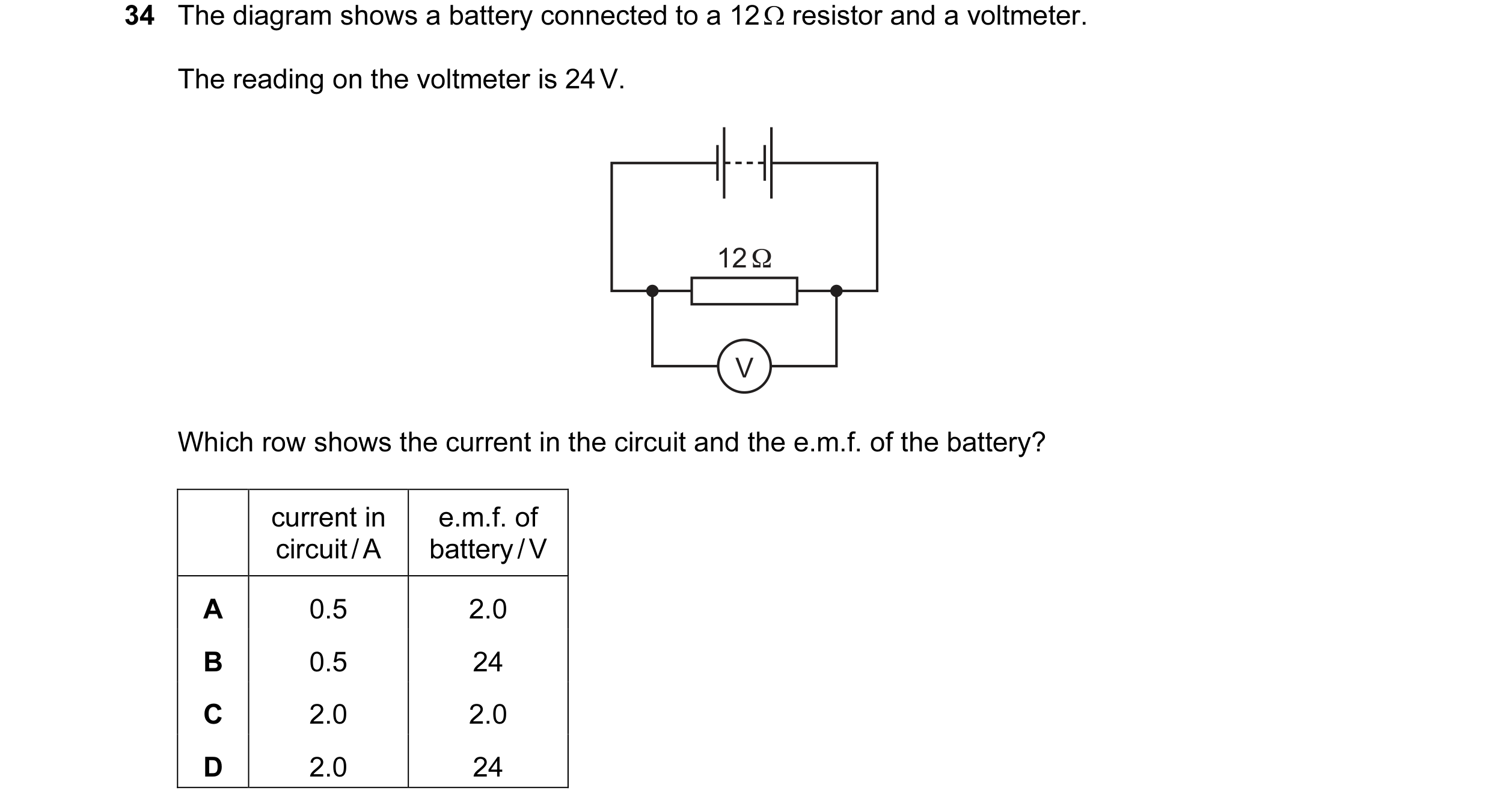Question 18: The diagram shows a battery connected to a 12 Ω resistor and a voltmeter. The reading on the voltmeter is 24 V. 12 Ω V Which row shows the …