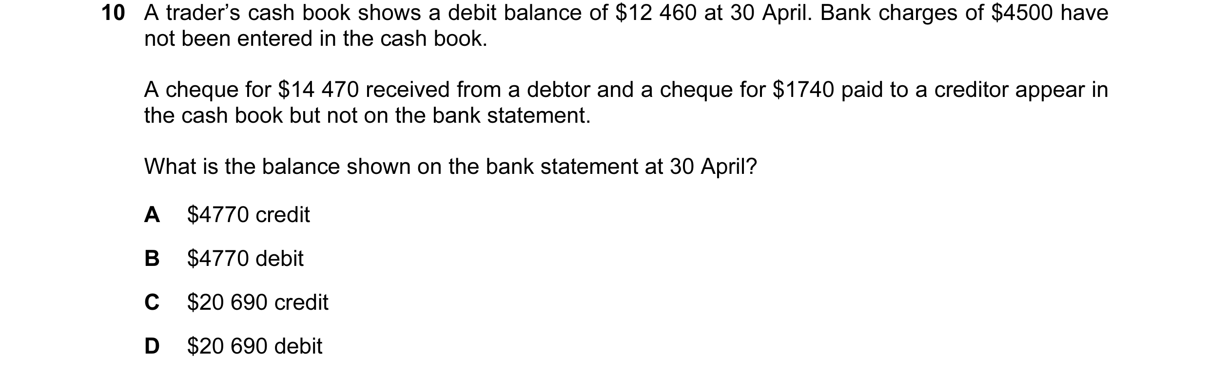 Question 23: A trader’s cash book shows a debit balance of $12 460 at 30 April. Bank charges of $4500 have not been entered in the cash book. A cheque f…