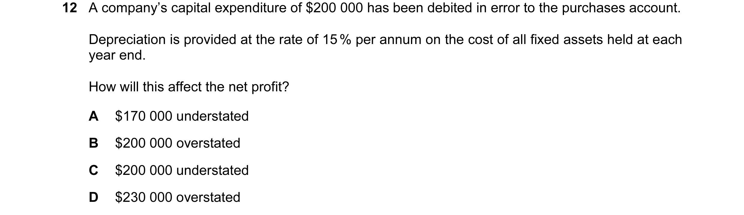 Question 16: A company’s capital expenditure of $200 000 has been debited in error to the purchases account. Depreciation is provided at the rate of 15 …