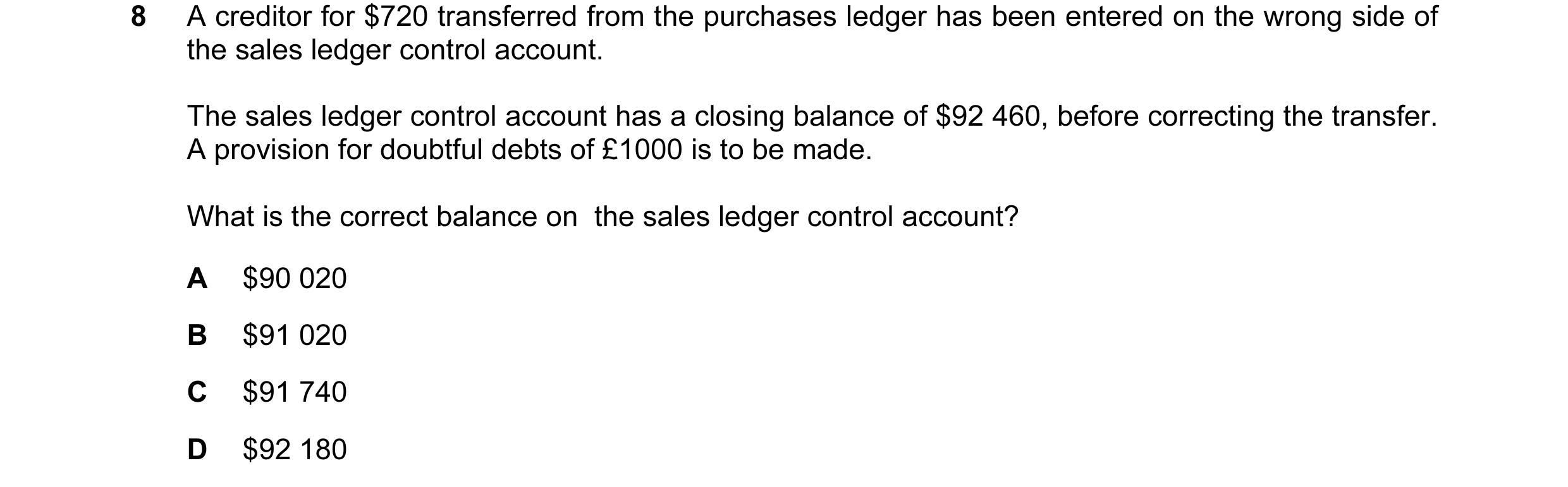 Question 22: A creditor for $720 transferred from the purchases ledger has been entered on the wrong side of the sales ledger control account. The sales…