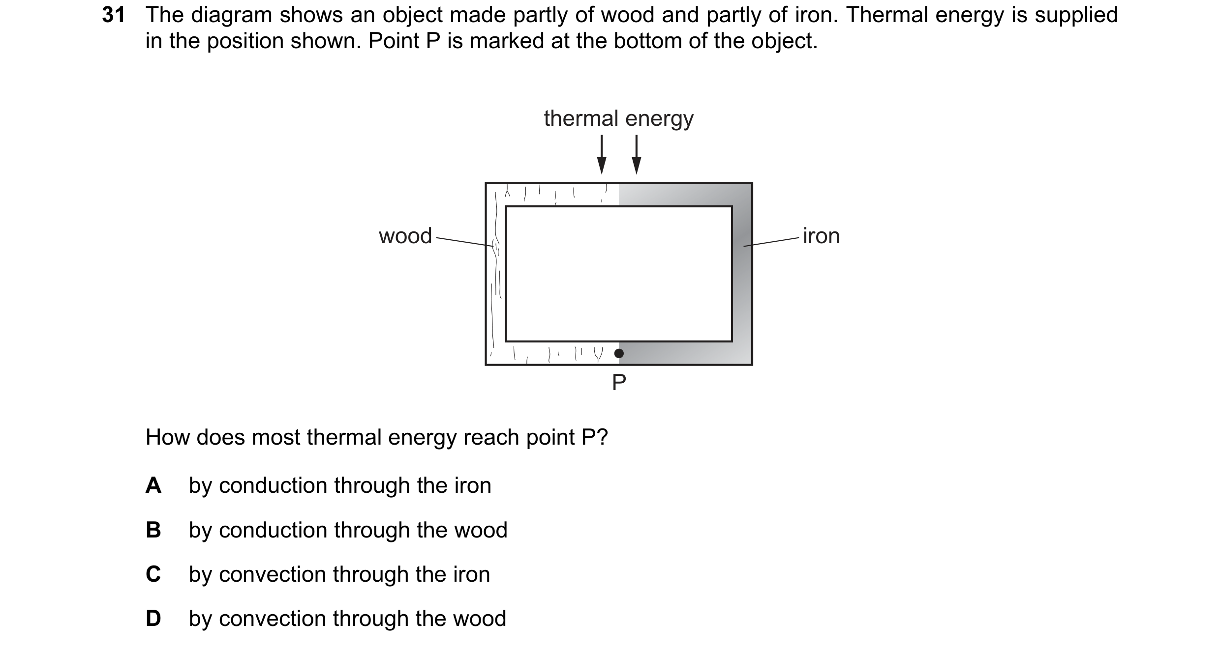 Question 25: The diagram shows an object made partly of wood and partly of iron. Thermal energy is supplied in the position shown. Point P is marked at …