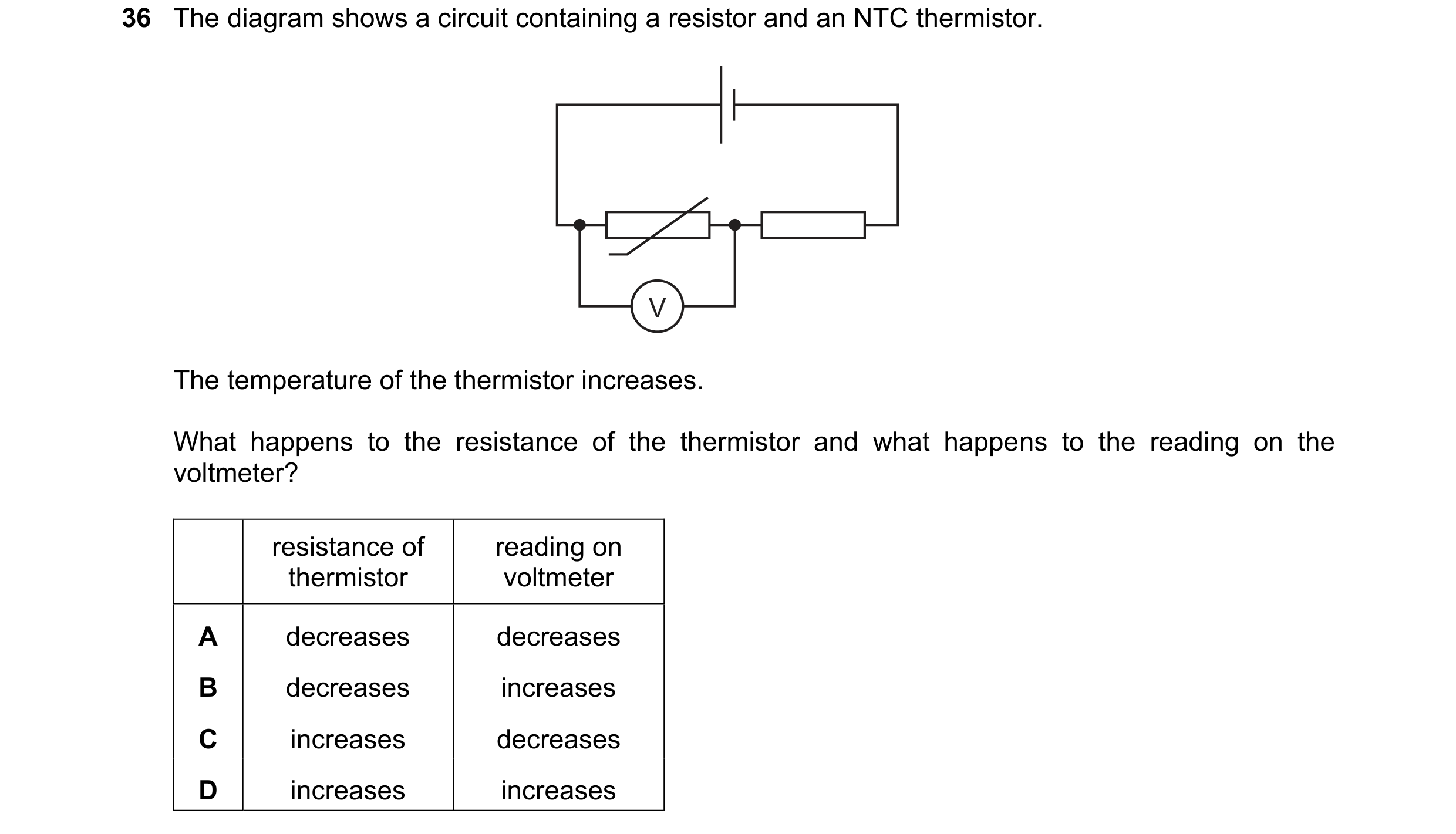 Question 31: The diagram shows a circuit containing a resistor and an NTC thermistor. V The temperature of the thermistor increases. What happens to the…