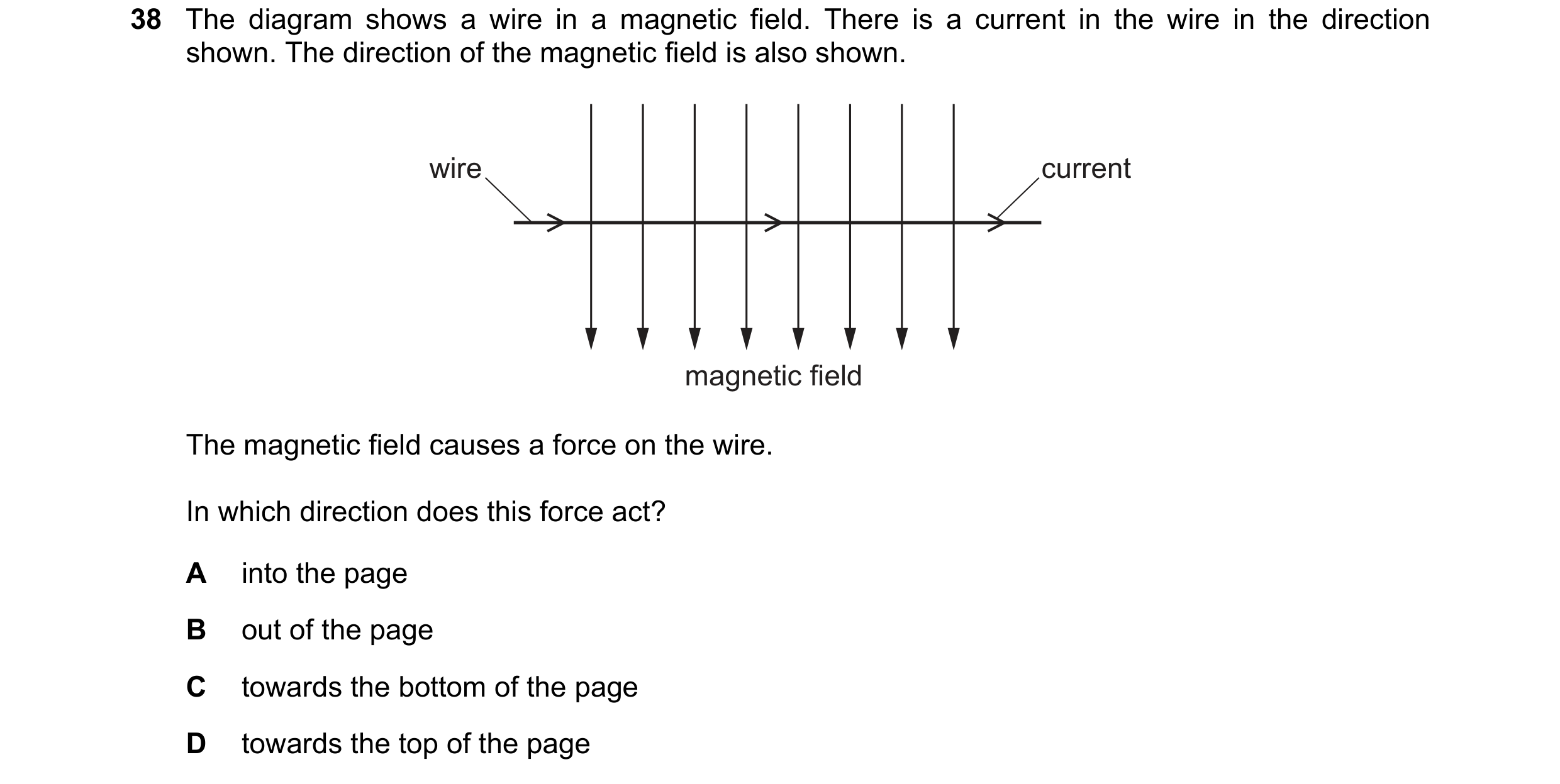 Question 26: The diagram shows a wire in a magnetic field. There is a current in the wire in the direction shown. The direction of the magnetic field is…