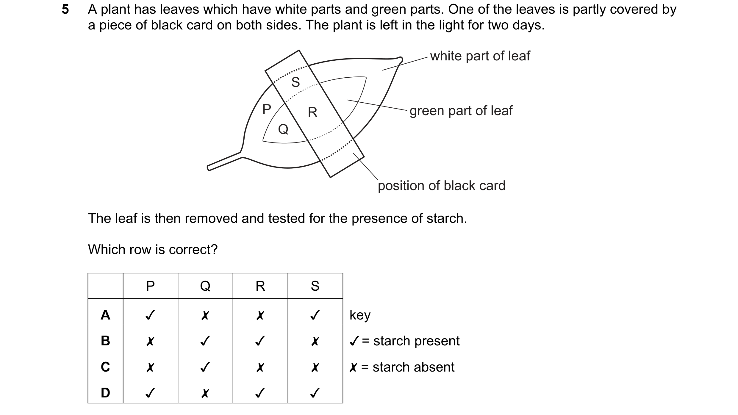 Question 26: A plant has leaves which have white parts and green parts. One of the leaves is partly covered by
a piece of black card on both sides. The …