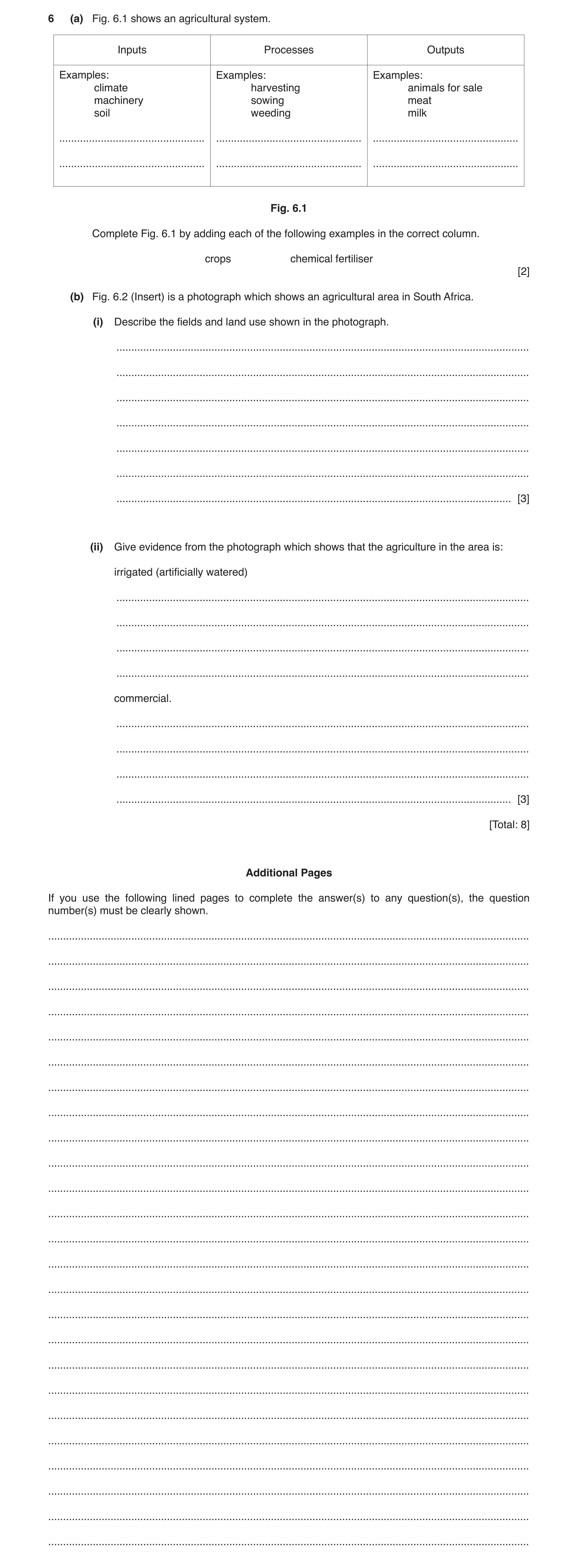 Question 8: (a) Fig. 6.1 shows an agricultural system. Inputs Processes Outputs Examples: Examples: Examples: climate harvesting animals for sale machi…