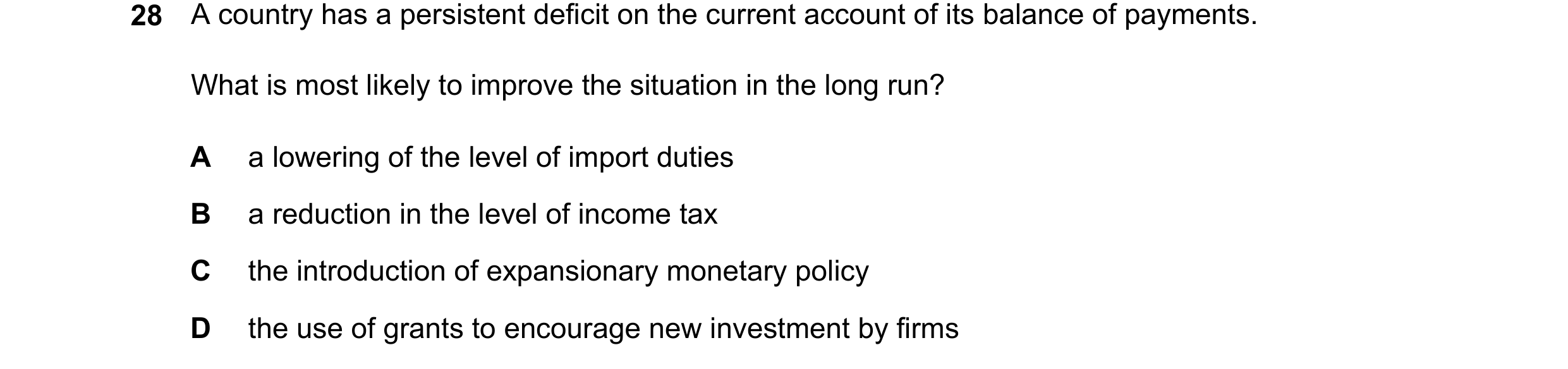 Question 128: A country has a persistent deficit on the current account of its balance of payments. What is most likely to improve the situation in the l…