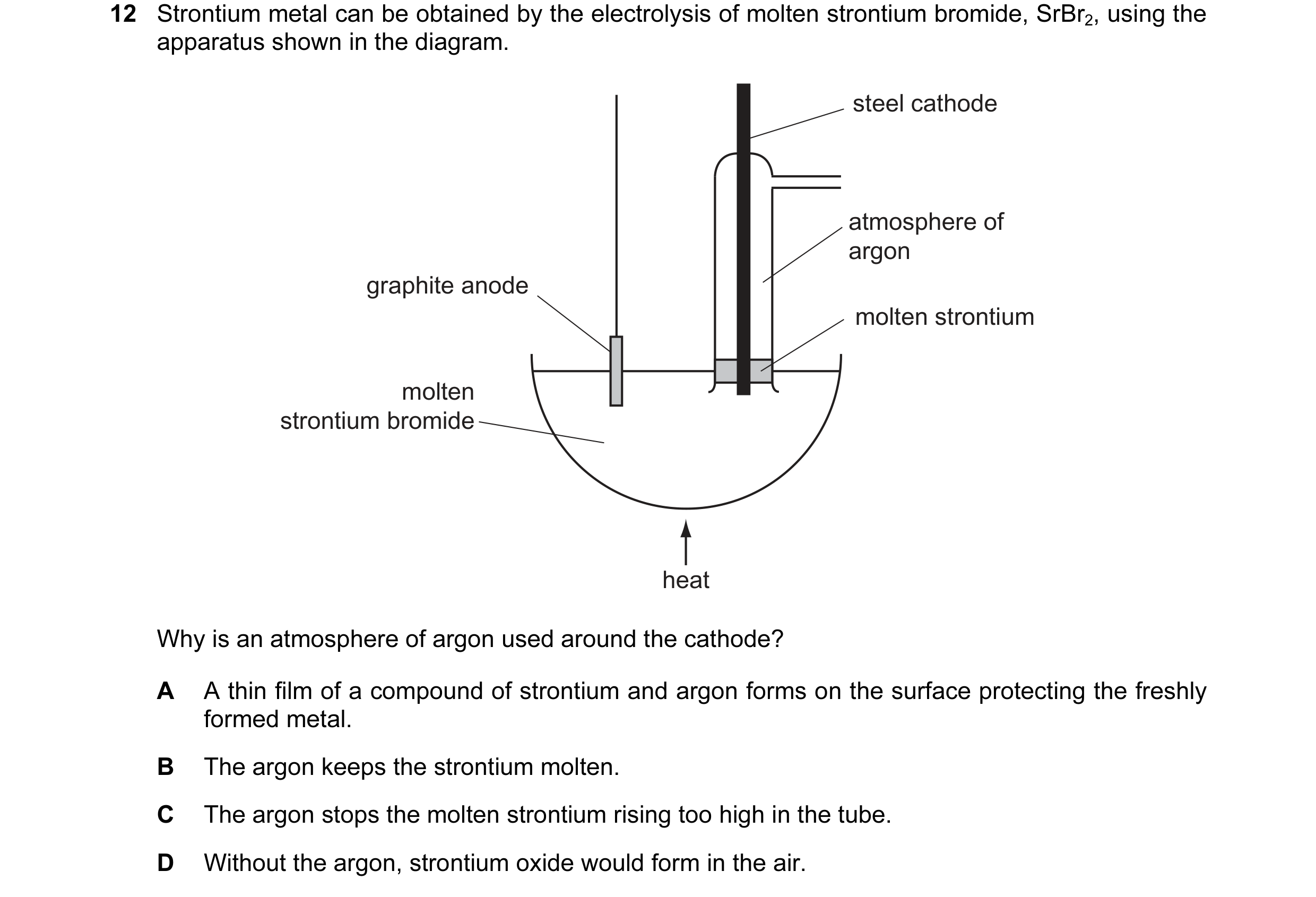 Question 75: Strontium metal can be obtained by the electrolysis of molten strontium bromide, SrBr2, using the apparatus shown in the diagram. steel cat…